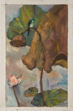 Mingyan Li Óleo original floral sobre lienzo "Loto con pájaro III"