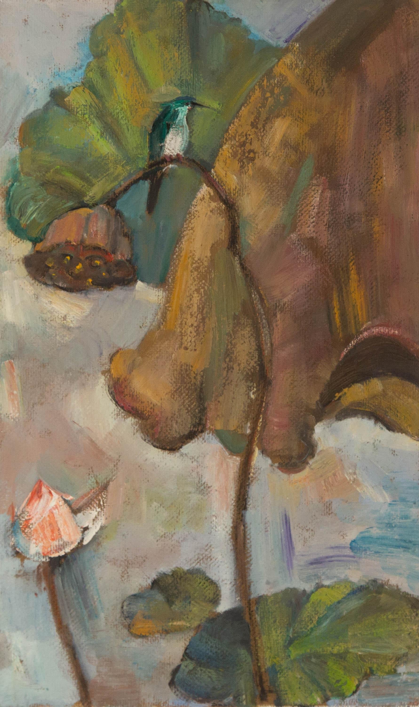 Mingyan Li Floral Original Öl auf Leinwand "Lotus mit Vogel III"