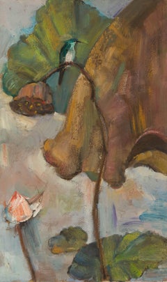 Mingyan Li Floral Original Öl auf Leinwand "Lotus mit Vogel III"