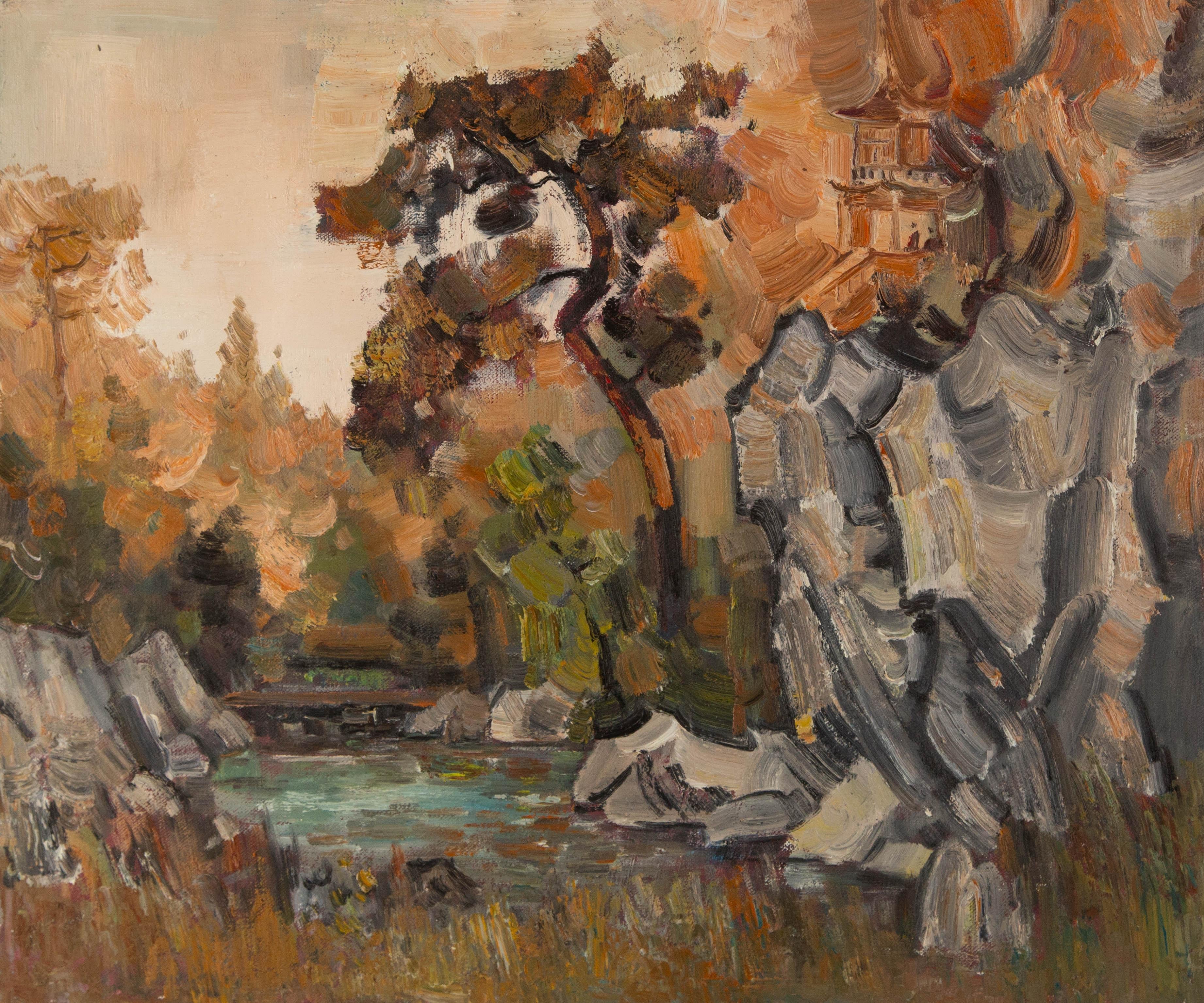 Mingyan Li Landscape Original Oil On Canvas "The Foot of the Mountain"