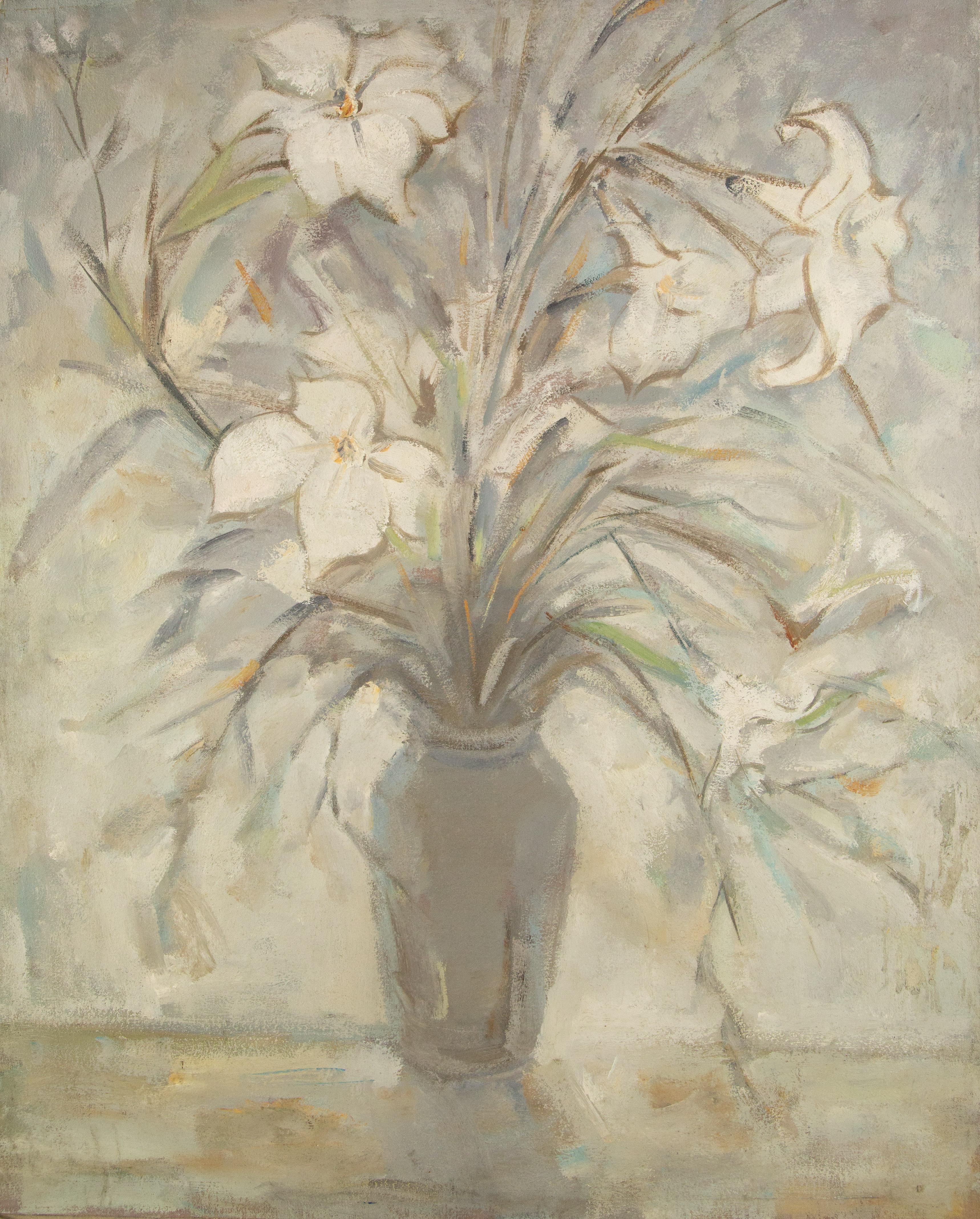  Title: White Blooming
 Medium: Oil on canvas
 Size: 32 x 25.5 inches
 Frame: Framing options available!
 Condition: The painting appears to be in excellent condition.
 Note: This painting is unstretched
 Year: 2012
 Artist: Mingyan Li
 Signature: