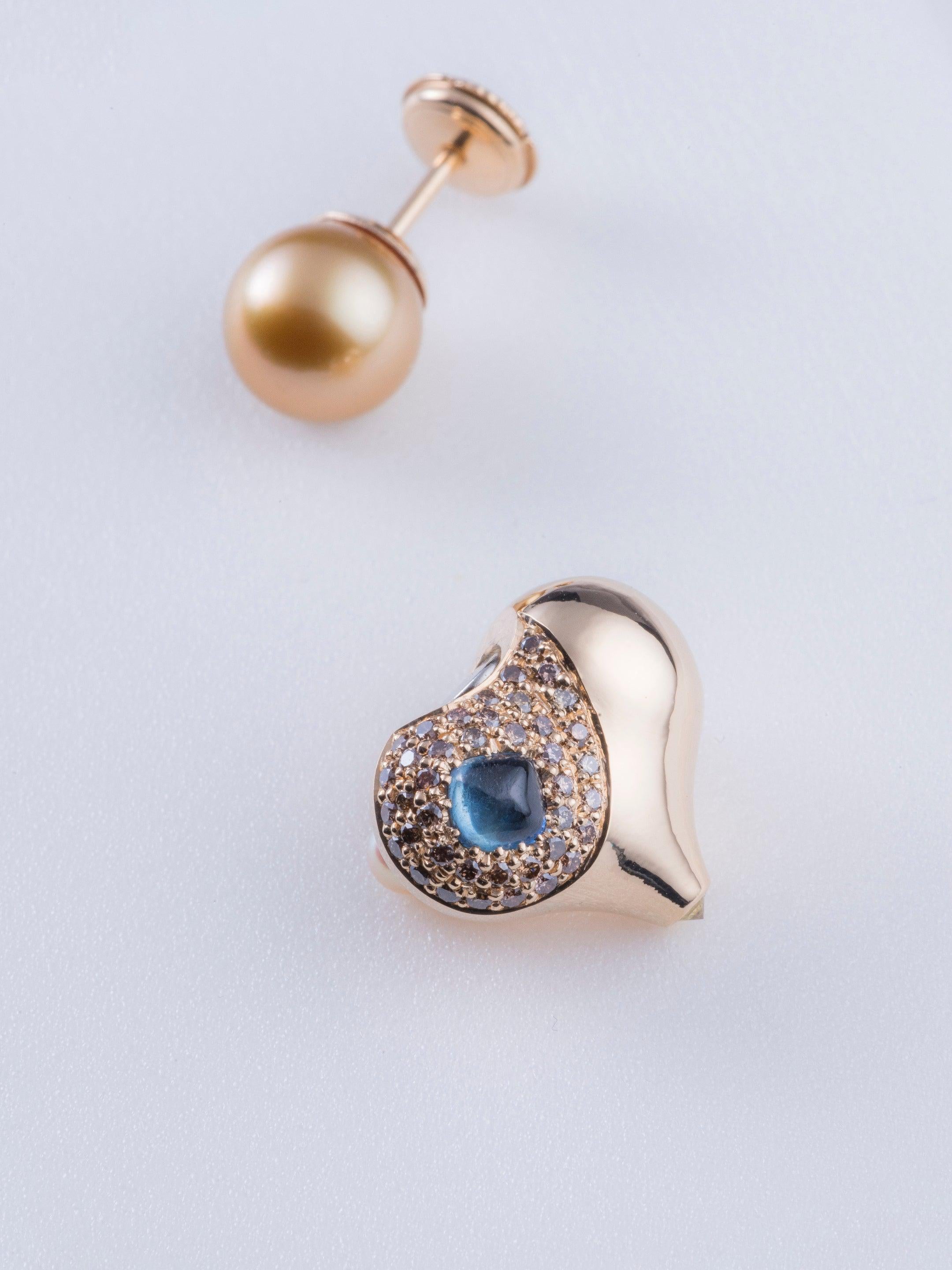 Modern MINH LUONG Eternal Knot Gold Pearl Blue Sapphire Diamonds Gold Single Earring For Sale