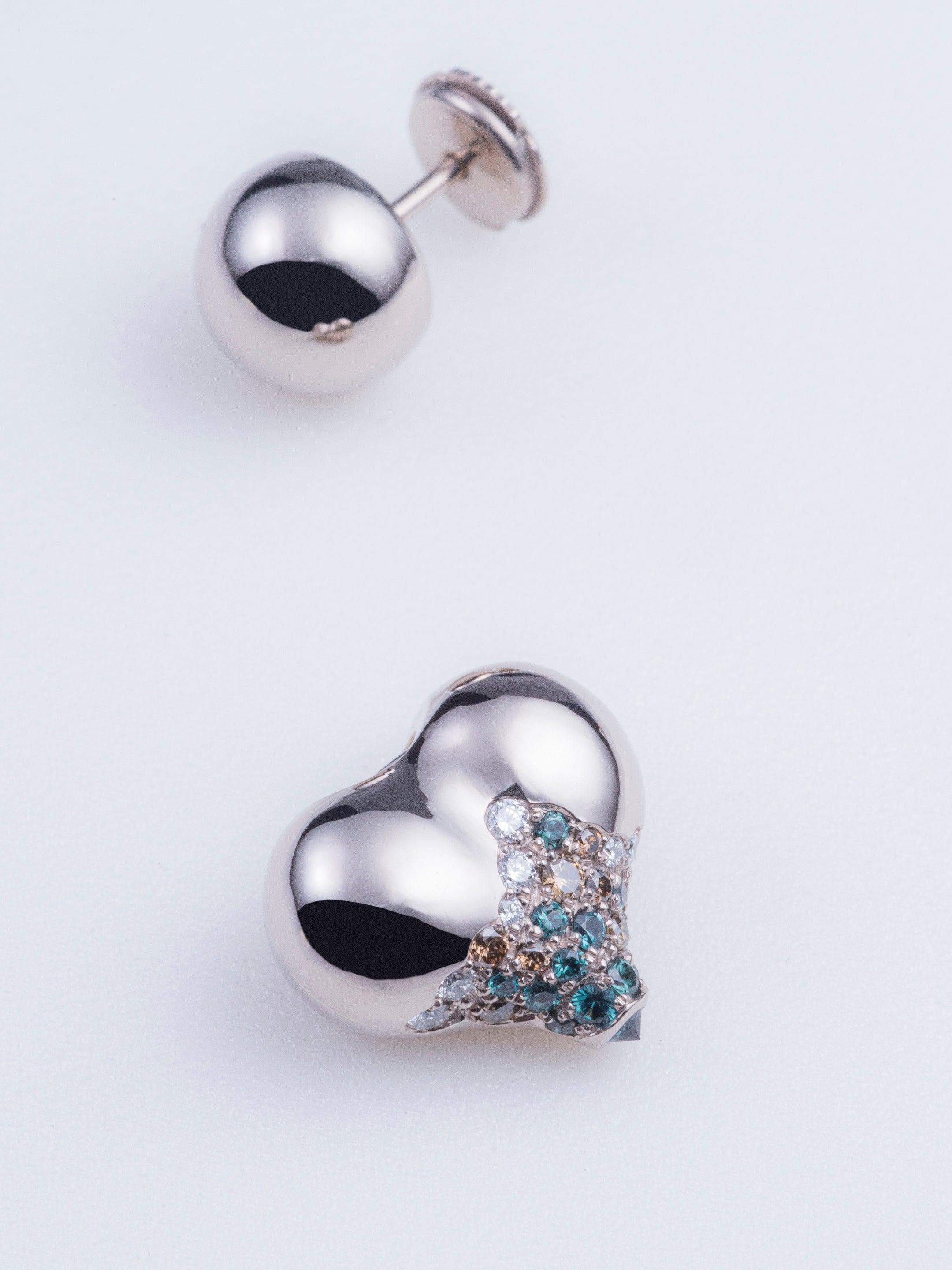 Moderne MINH LUONG, boucles d'oreilles simples Lotus en or gris, diamants et grenats sarcelles en vente