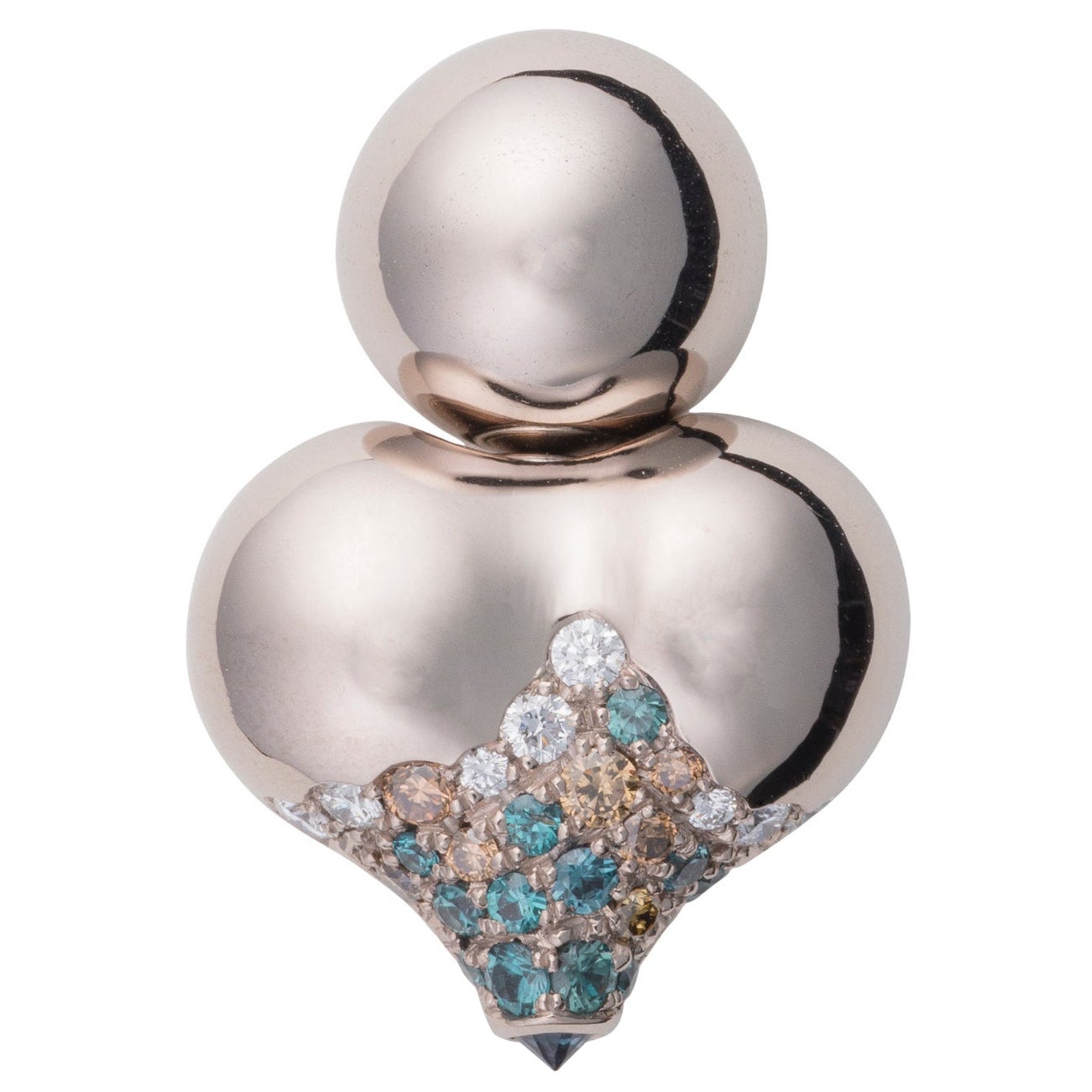 MINH LUONG Lotus Diamonds and Teal Garnets Grey Gold Single Earring For Sale