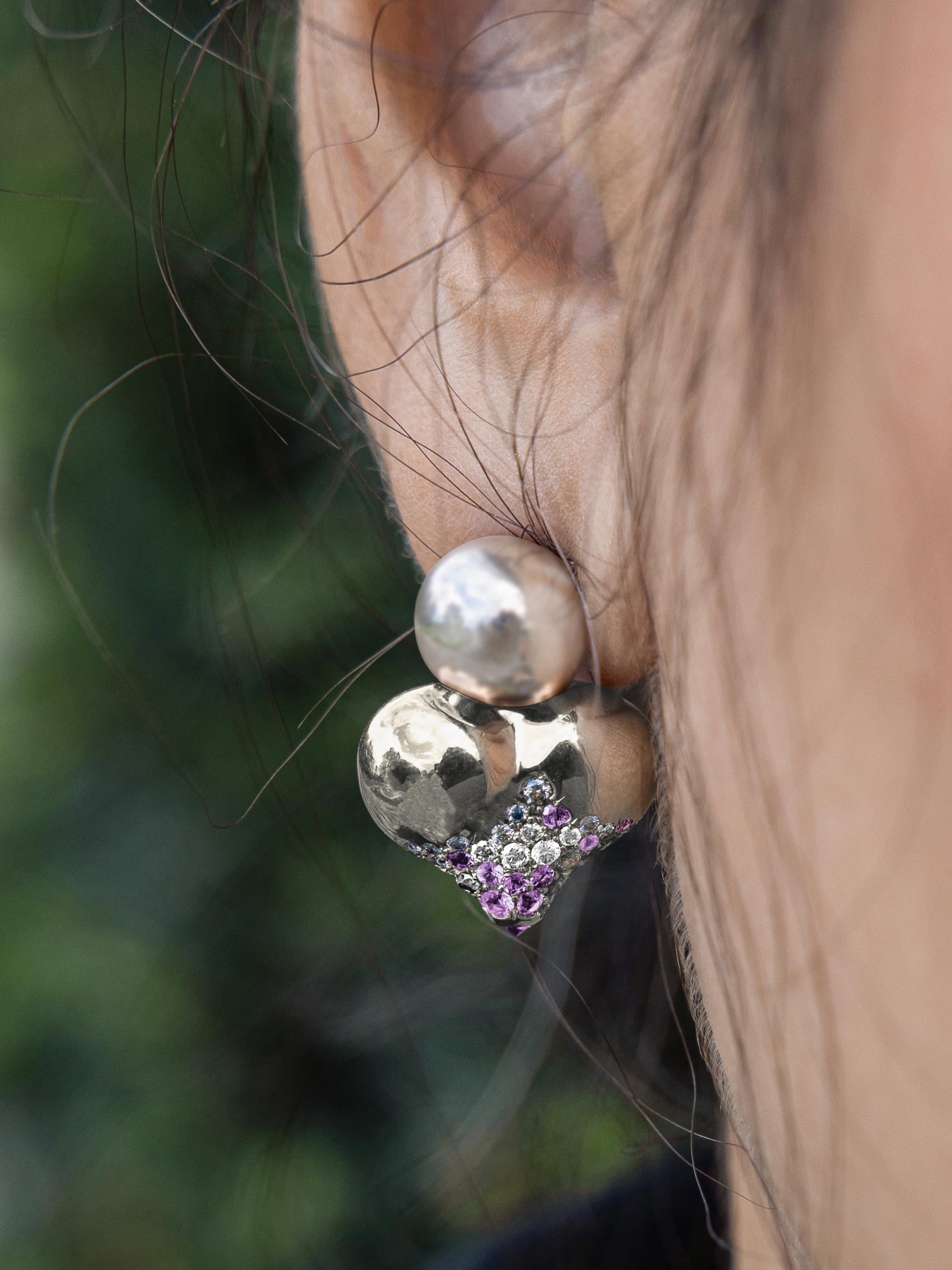 Women's MINH LUONG Lotus Pearl Diamonds and Lavender Sapphires White Gold Single Earring For Sale