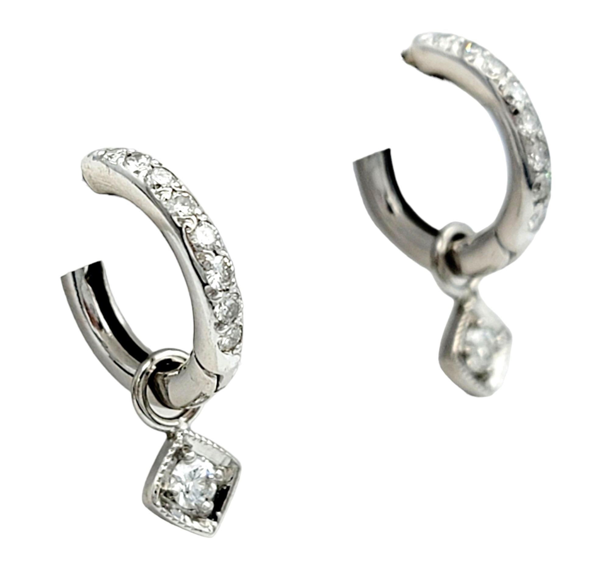 Round Cut Mini 14 Karat White Gold Diamond Hoop Earrings with Removable Diamond Dangle For Sale
