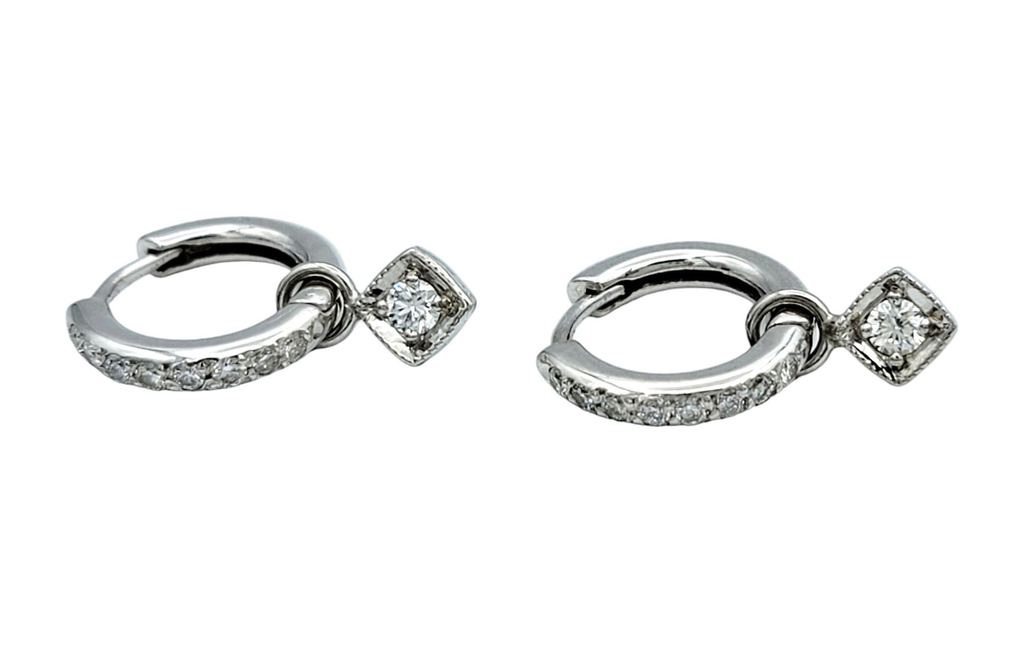 Women's Mini 14 Karat White Gold Diamond Hoop Earrings with Removable Diamond Dangle For Sale