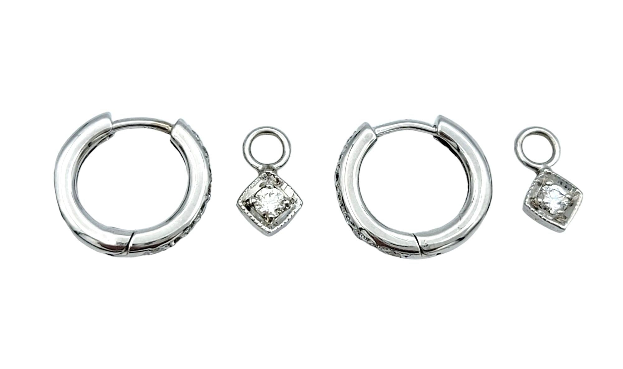 Mini 14 Karat White Gold Diamond Hoop Earrings with Removable Diamond Dangle For Sale 1