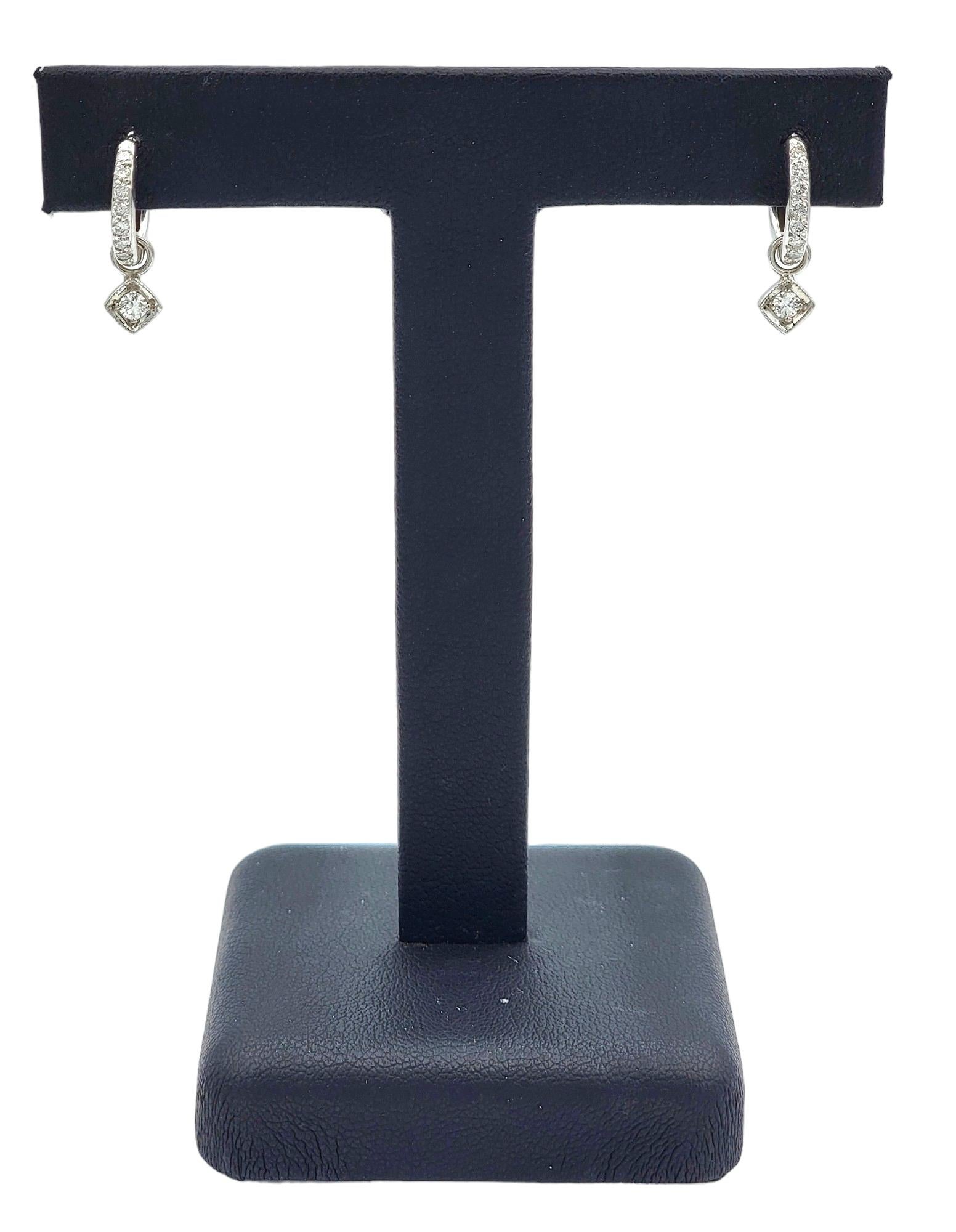 Mini 14 Karat White Gold Diamond Hoop Earrings with Removable Diamond Dangle For Sale 3