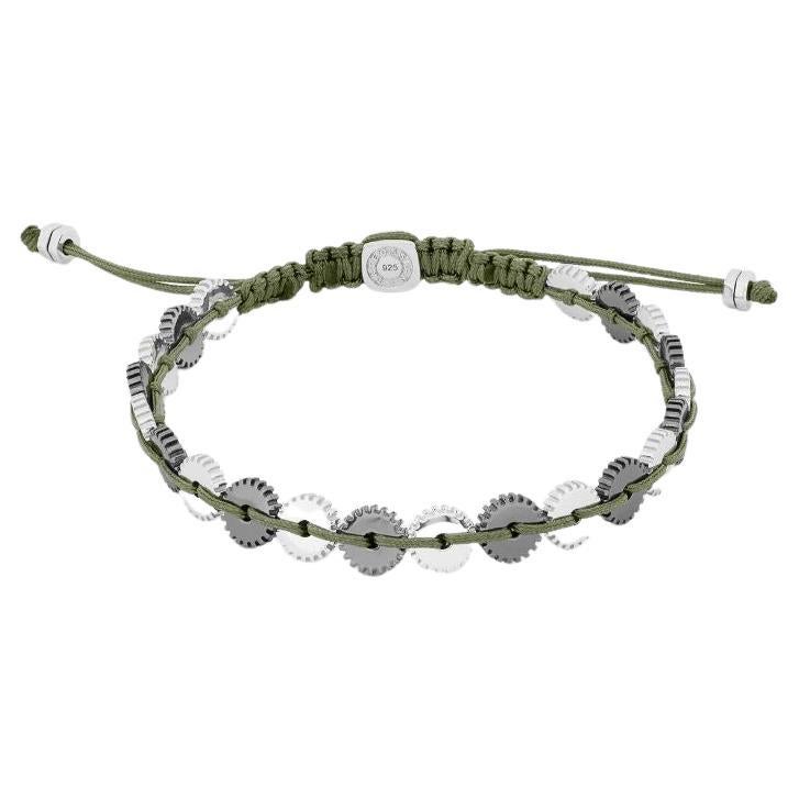 Mini 21 Gear Bracelet with Khaki Macrame in Black Rhodium Plated Silver, Size M For Sale