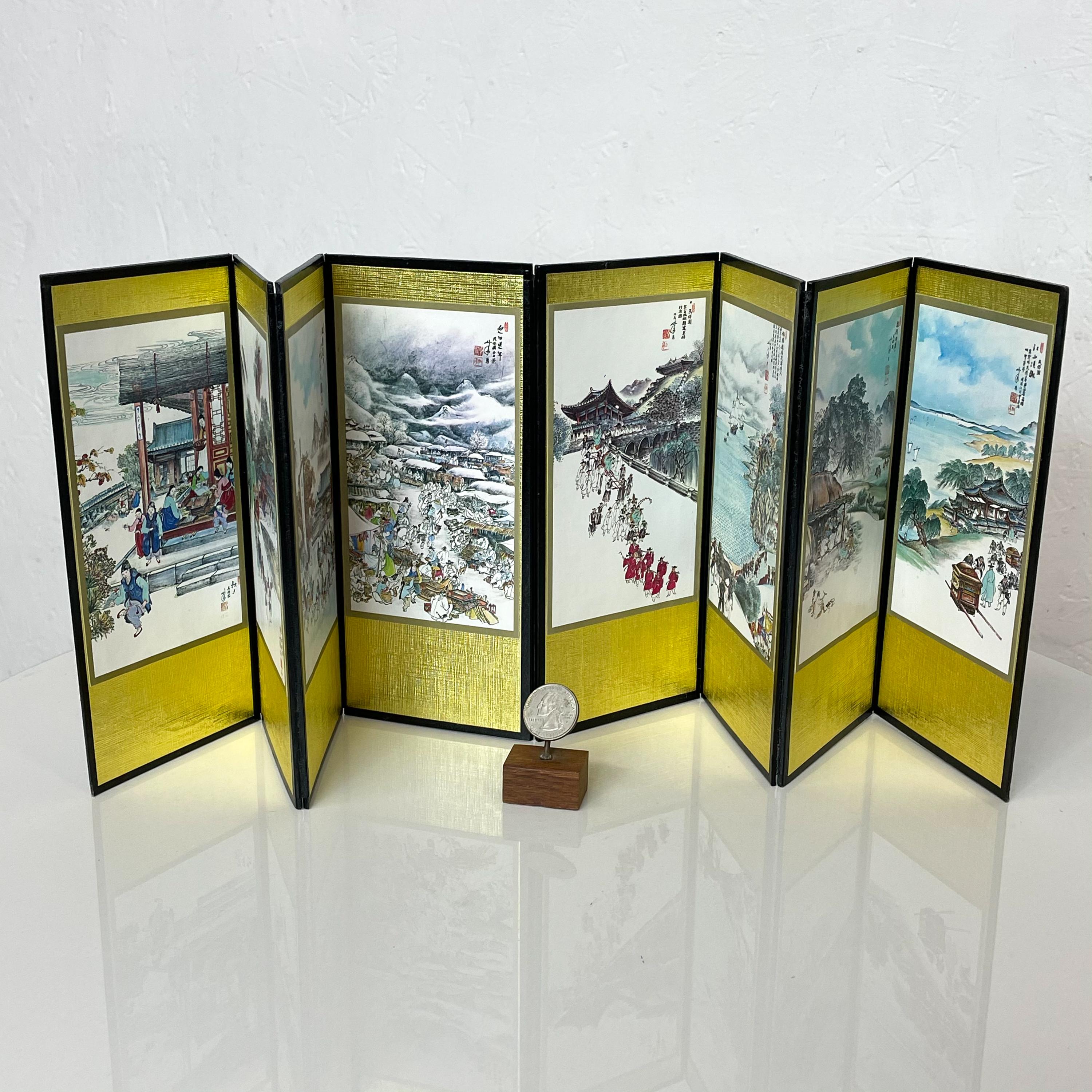 Asian folding mini divider screen eight panels scenic landscape + Chinese writing Collectible Chinese
Colorful illustrations in black blue and vibrant gold
Measures: 3.63 W x 8.38 Tall x .13D inch each panel, Folded 1 inch thick
Original unrestored