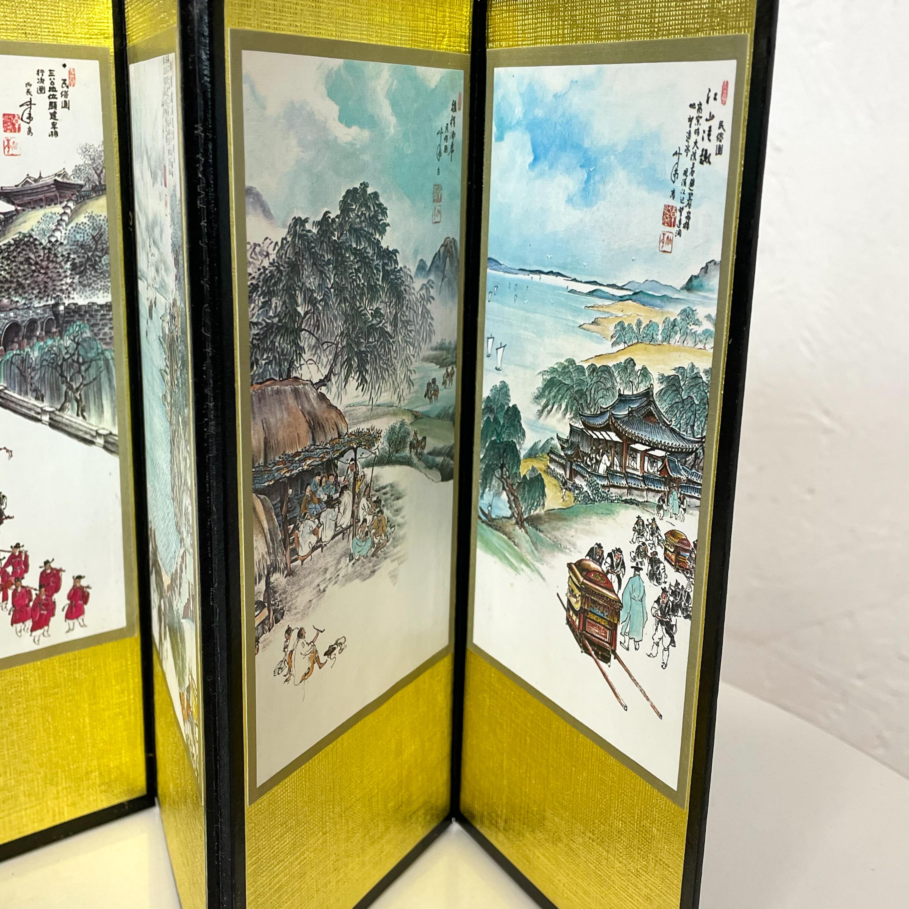 Mid-Century Modern 1970s Asian Folding Mini Screen Eight Panels Gold Scenic Art Chinese Writing
