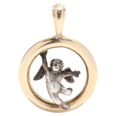 Vintage Mini Baby Angel Circle Charm, 10KT Yellow Gold, Sterling Silver