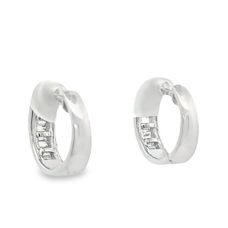 Mini Baguette & Round Diamond Hoops Earrings 0.40ct 14K White Gold In New Condition For Sale In New York, NY