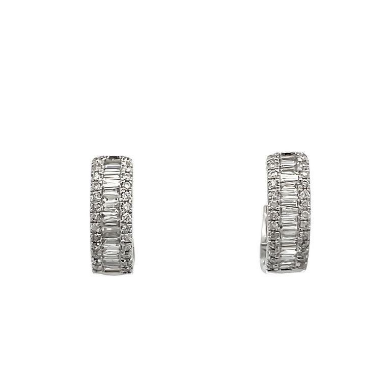 Mini Baguette & Round Diamond Hoops Earrings 0.40ct 14K White Gold For Sale 2