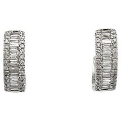 Mini Baguette & Round Diamond Hoops Earrings 0.40ct 14K White Gold