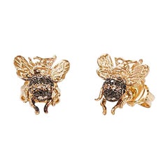 Mini Bee 18 Karat Gold Black and Cognac Diamond Stud Earrings
