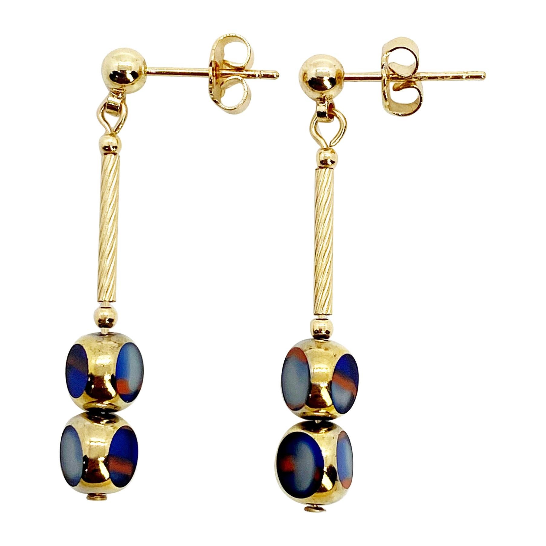 Mini Blue Marbled Vintage German Glass Beads edged with 24K gold Earrings For Sale