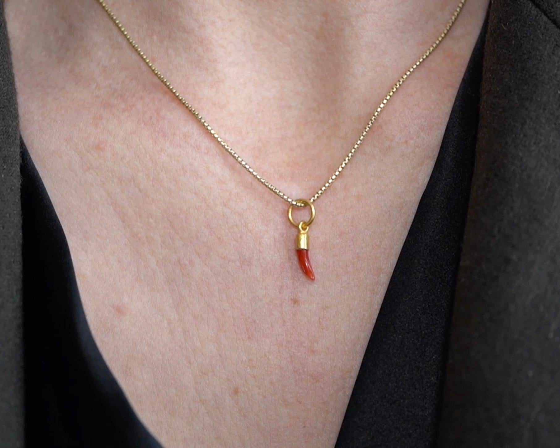 Mini Red, Coral Charm, 24K Gold and Silver Pendant, Handmade by Prehistoric Works of Istanbul, Turkey
Red Coral gemstone imparts courage and helps in overcoming fear and nervousness in the individual. This is the best gemstone, which can boost the