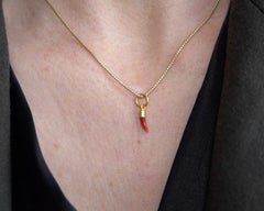 Mini Bright Red Raw Coral Charm Pendant Necklace, 24K Yellow Gold