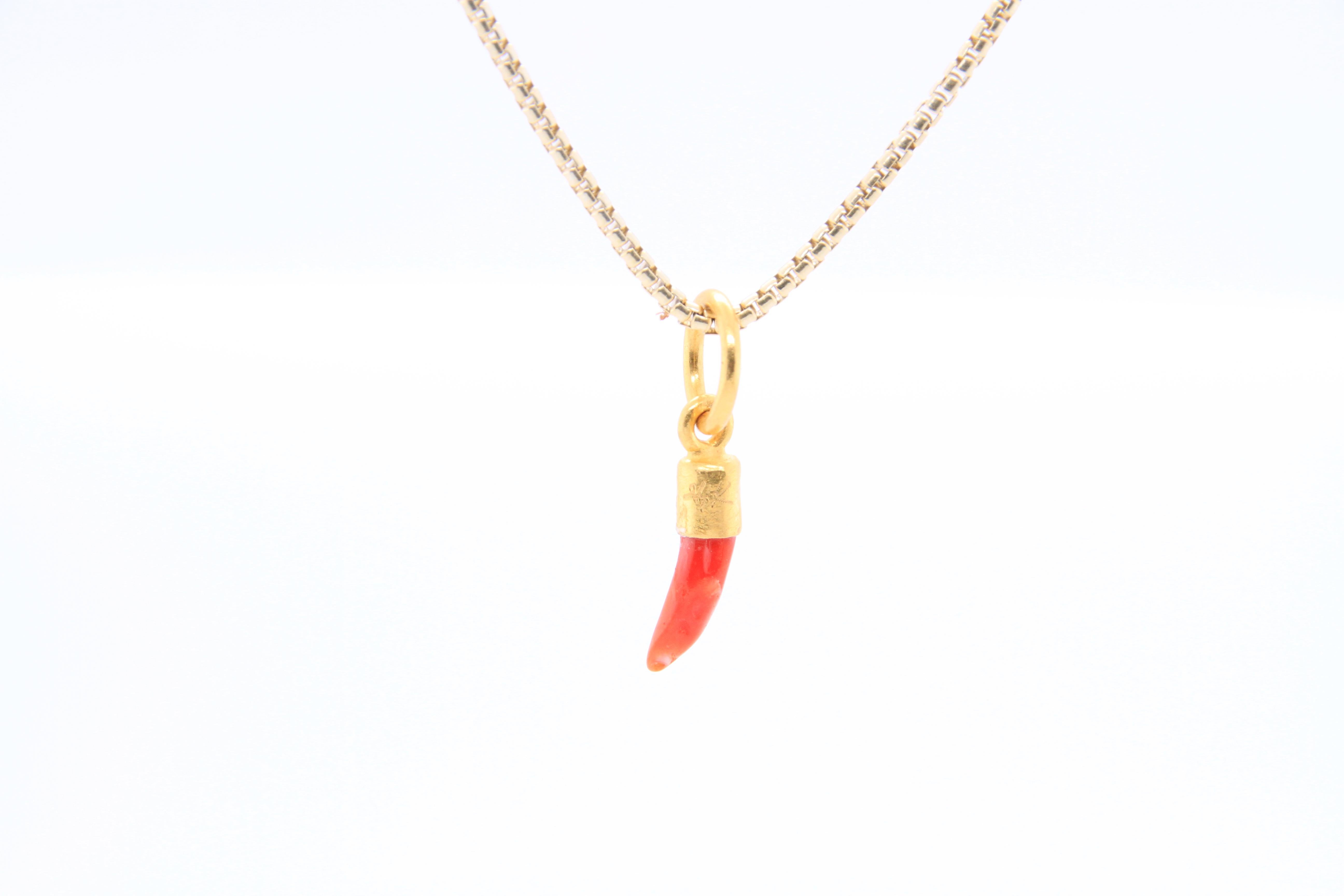 Round Cut Mini Bright Red Raw Coral Charm Pendant Necklace, 24K Yellow Gold