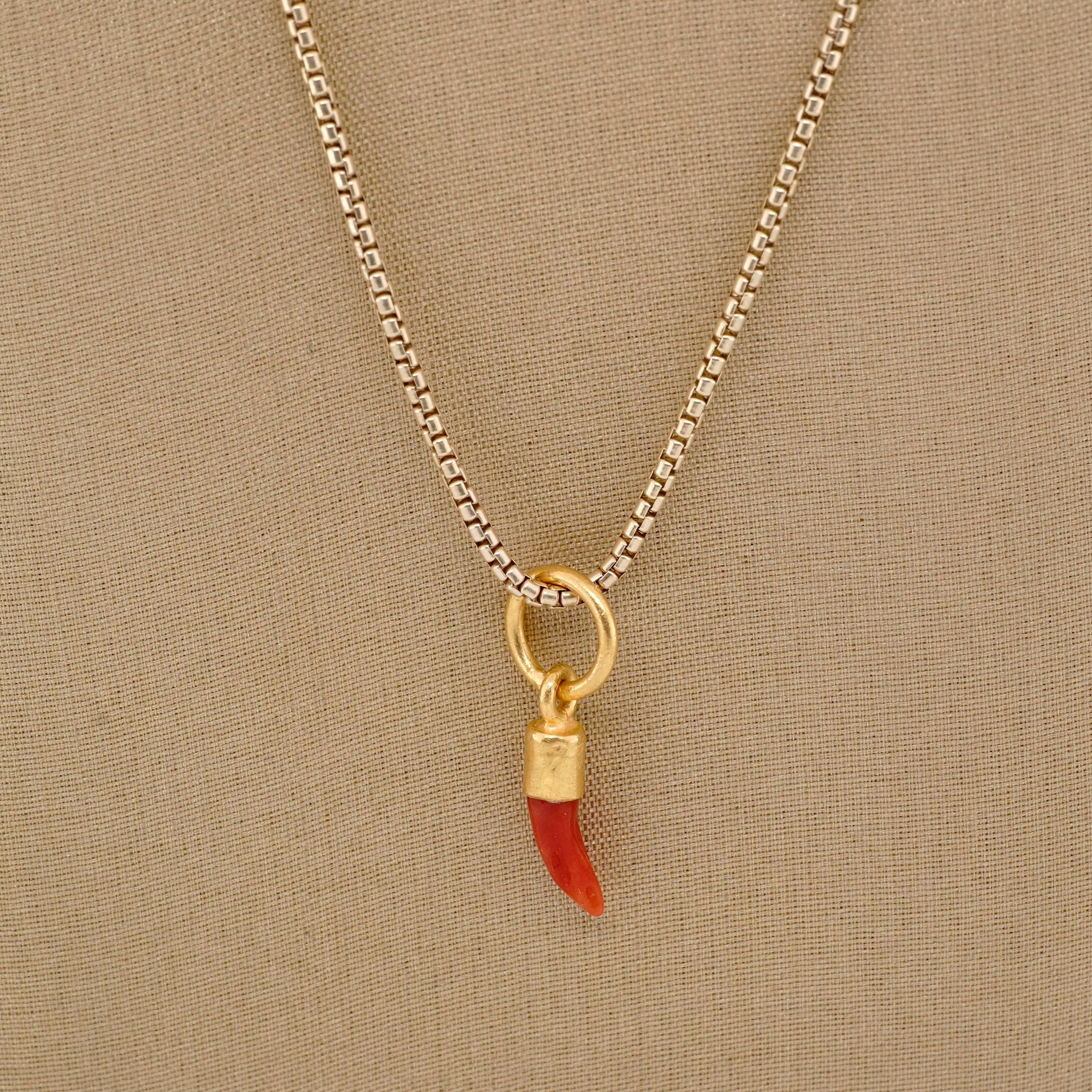 Mini Bright Red Raw Coral Charm Pendant Necklace, 24K Yellow Gold In New Condition In Bozeman, MT