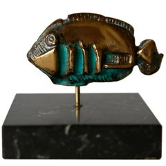 Mini Brutalist Bronze and Verdigris Fish Sculpture, 1970s