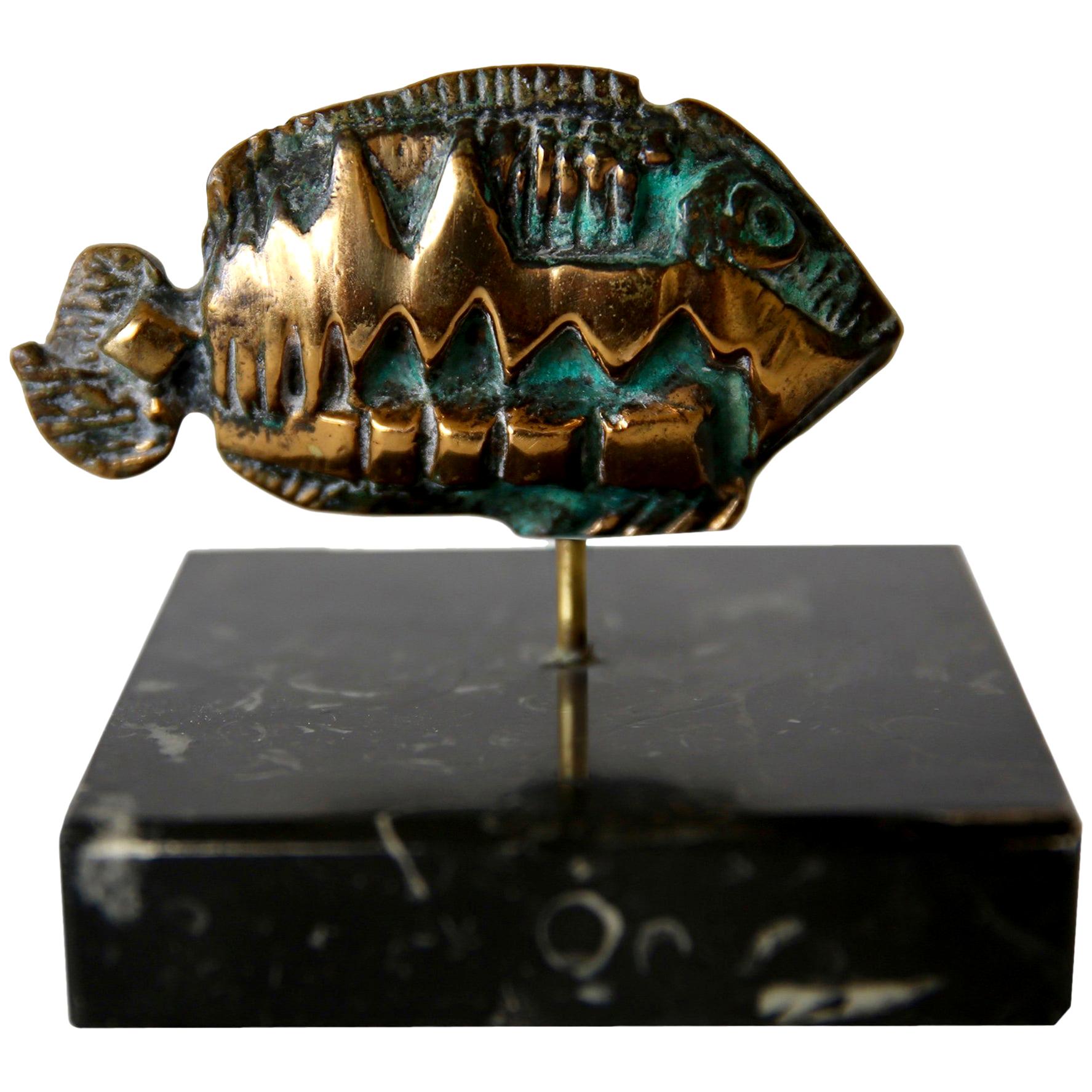 Mini Brutalist Bronze and Verdigris Fish Sculpture, 1970s For Sale
