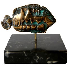 Mini Brutalist Bronze and Verdigris Fish Sculpture, 1970s