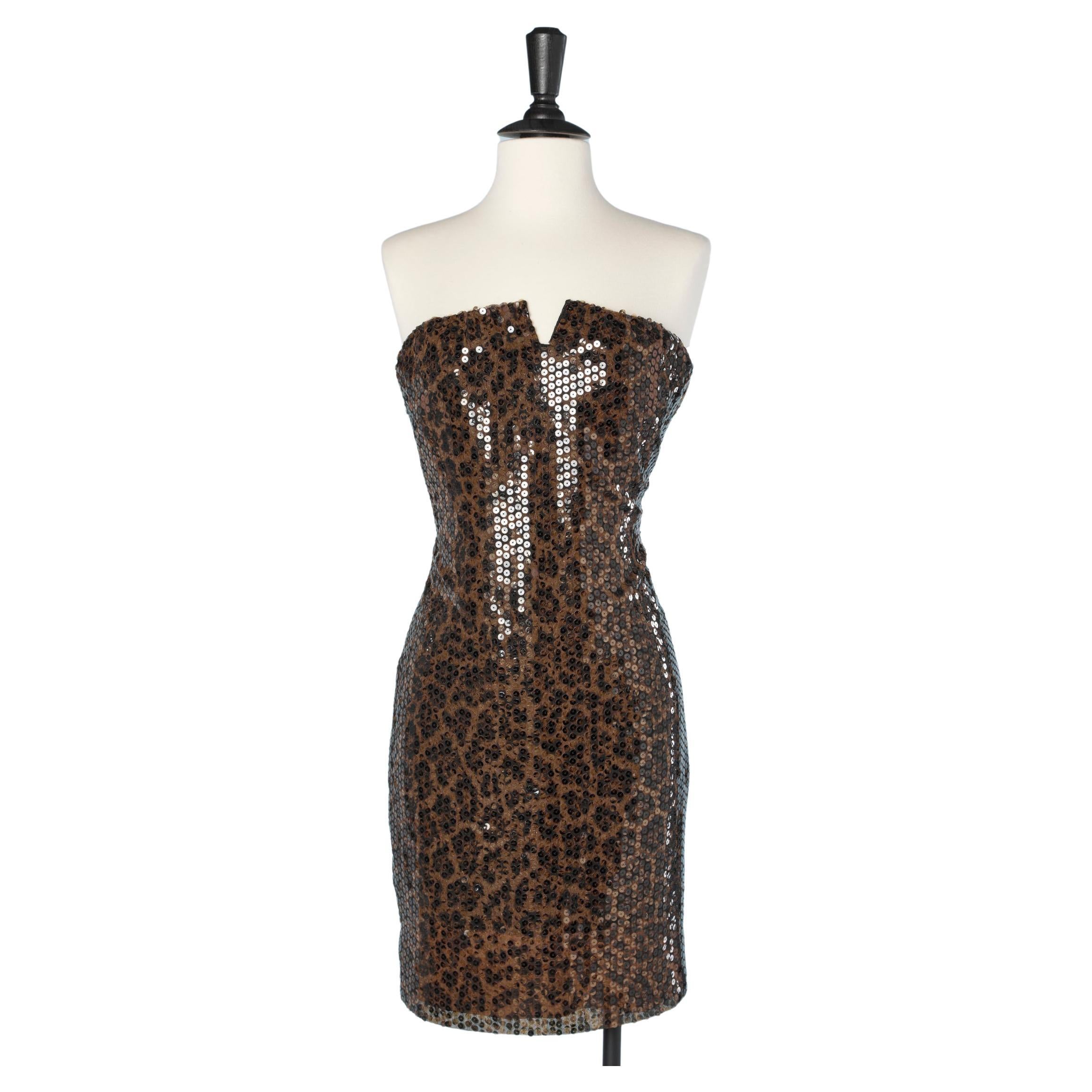 Mini bustier's dress leopard printed covered with sequins C.D de Christian Dior  For Sale