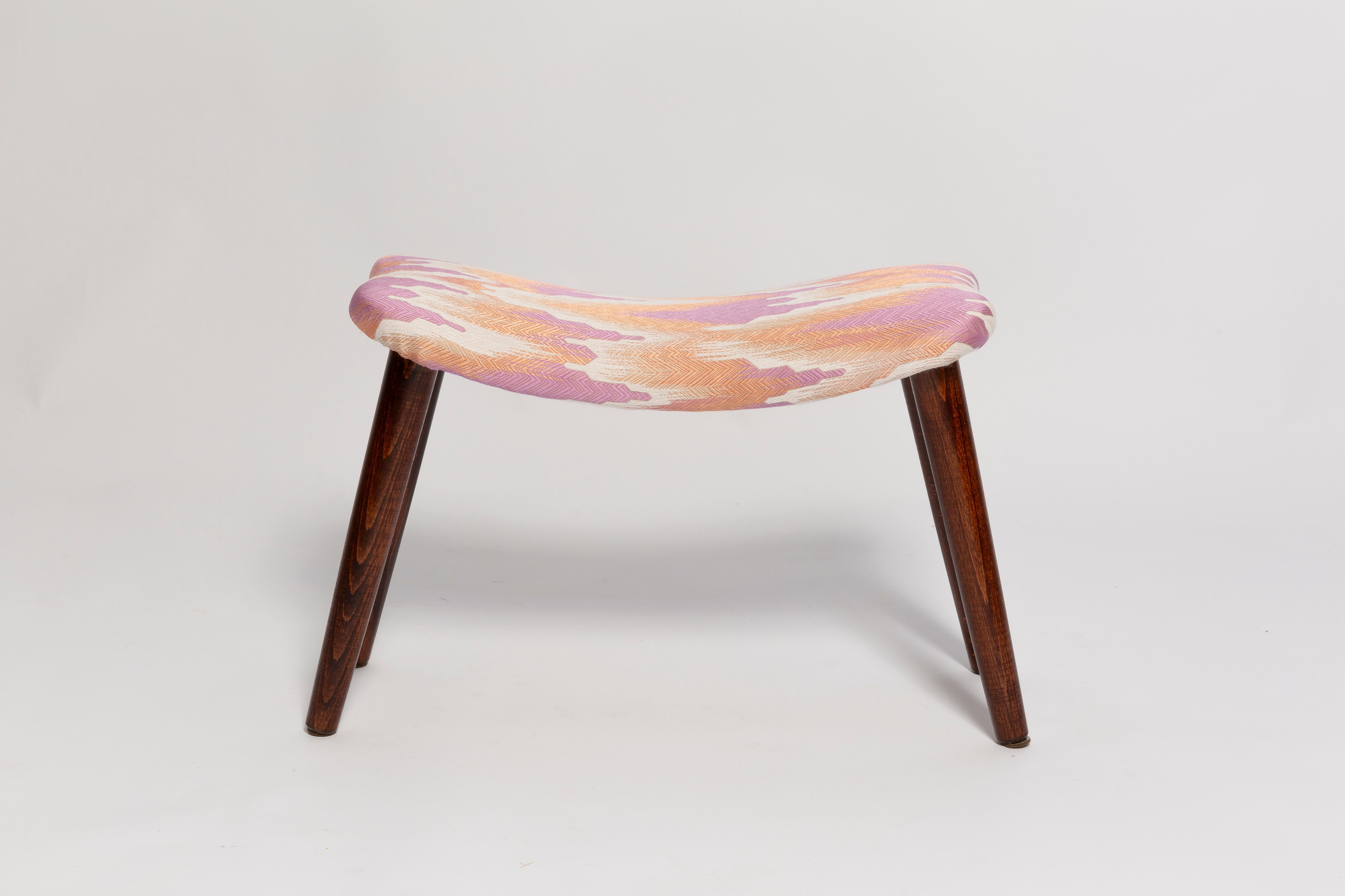 Hand-Crafted Mini Butterfly Stool, Pink Fandango Jacquard, Dark Wood, Europe 1960s For Sale
