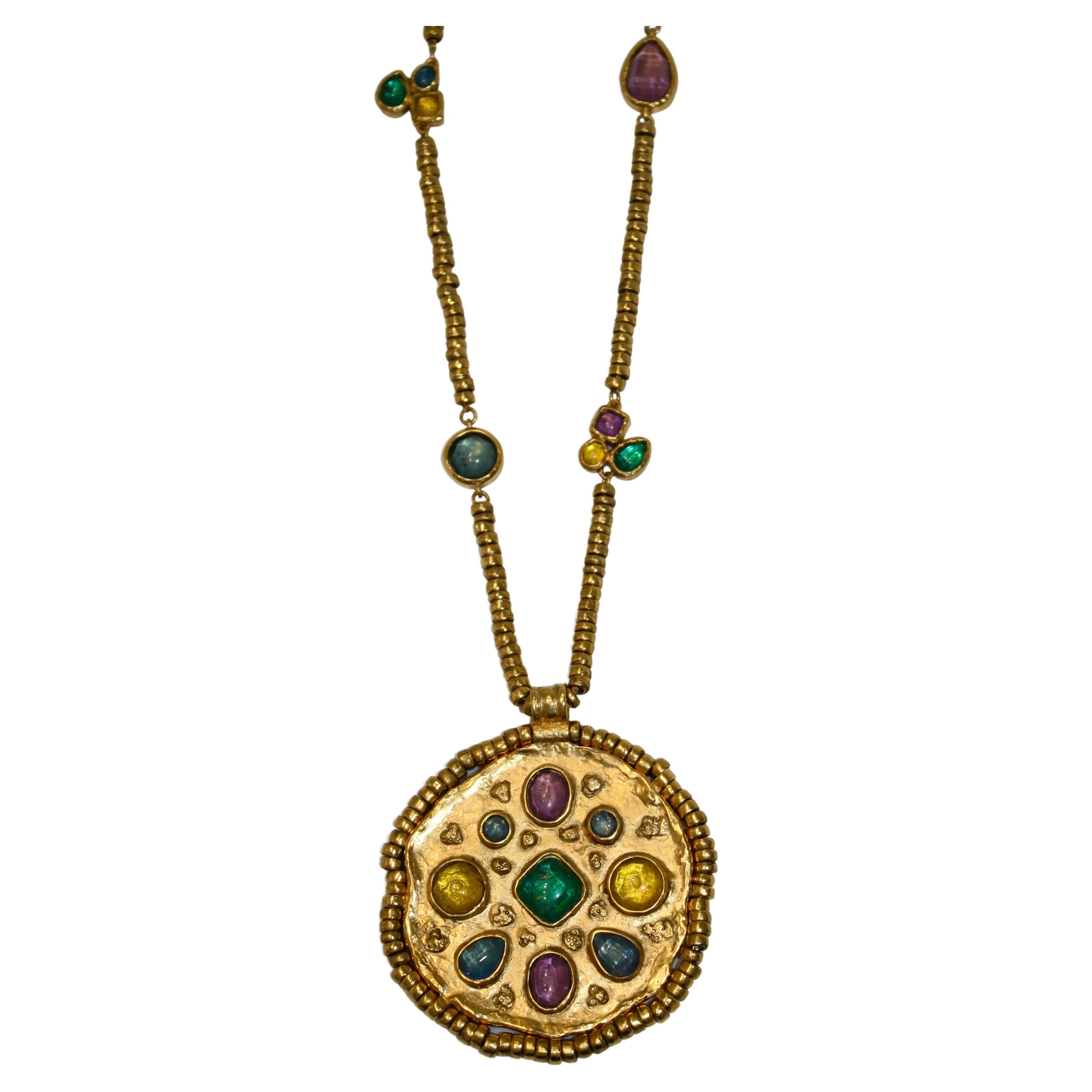 Mini Cabochons Rainbow Medallion Necklace  For Sale