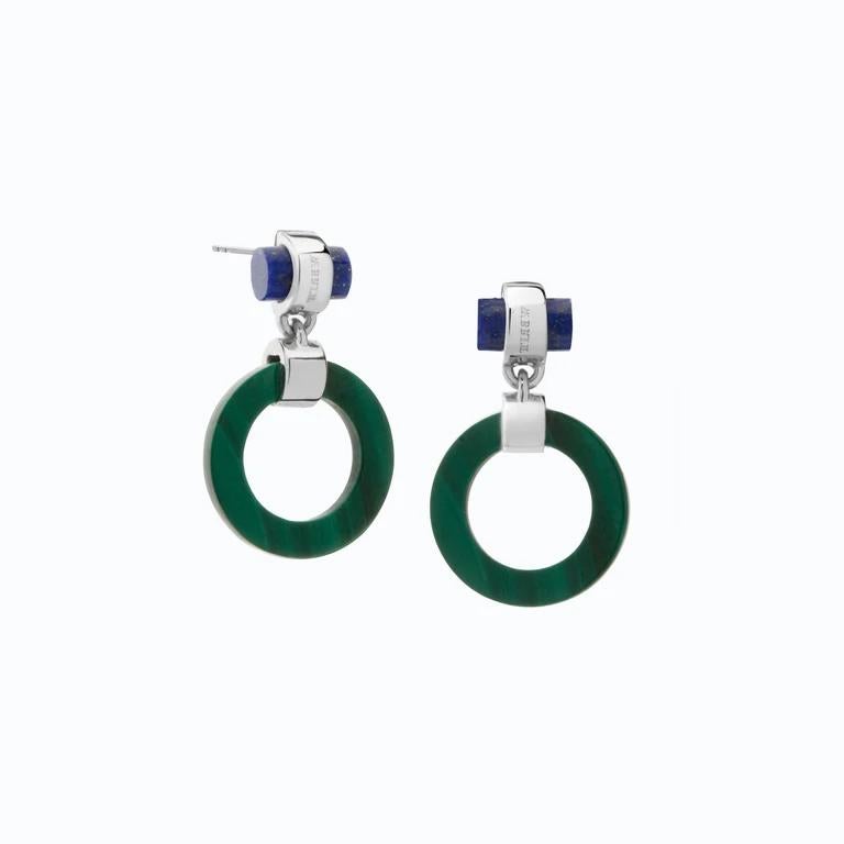 Contemporary Mini Circle Hoops, Sterling Silver, Malachite, Lapis  For Sale