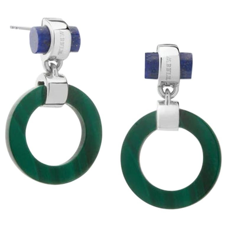 Mini Circle Hoops, Sterling Silver, Malachite, Lapis  For Sale