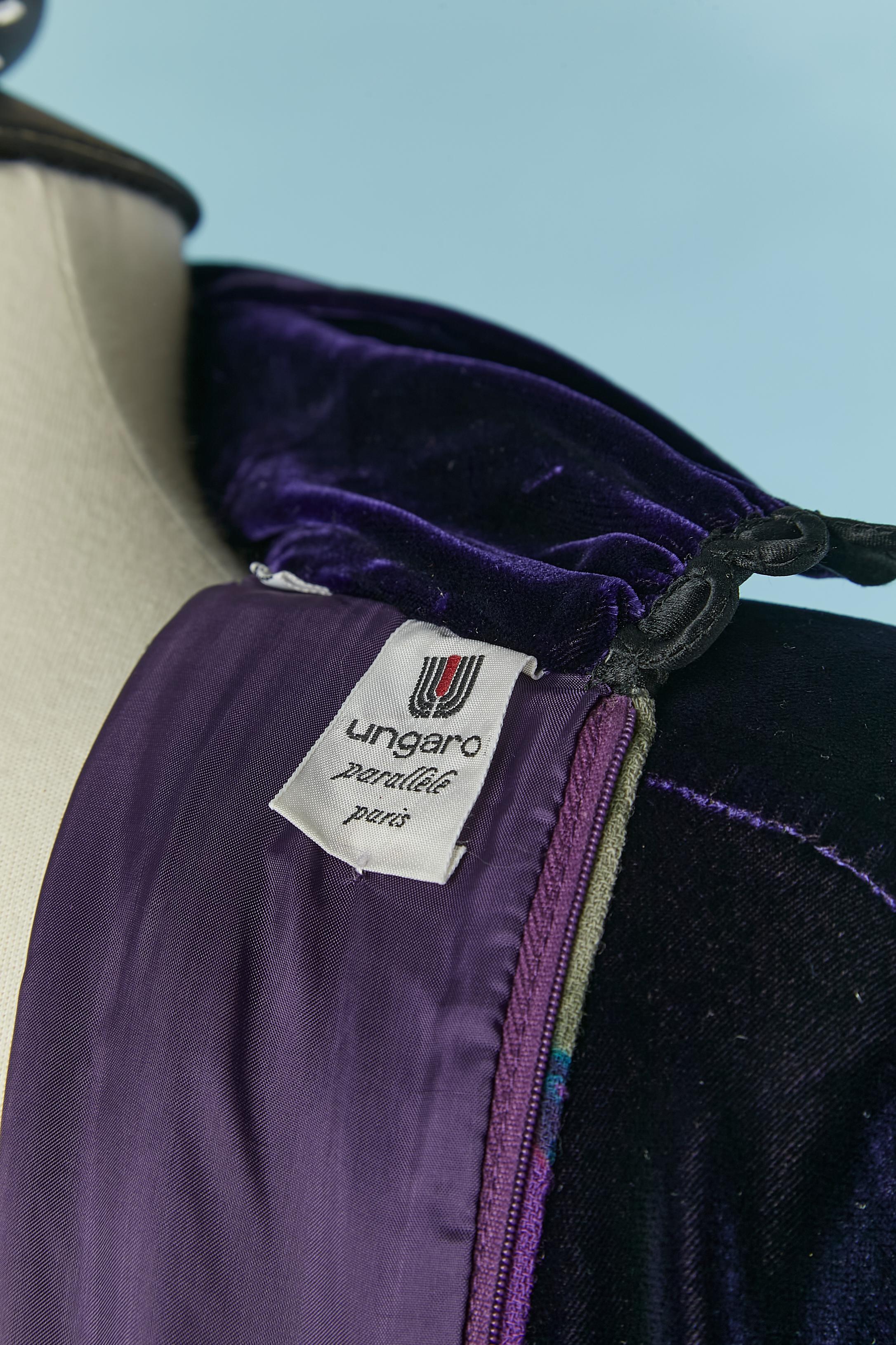 Mini cocktail dress made of printed wool and deep purple velvet UNGARO 6
