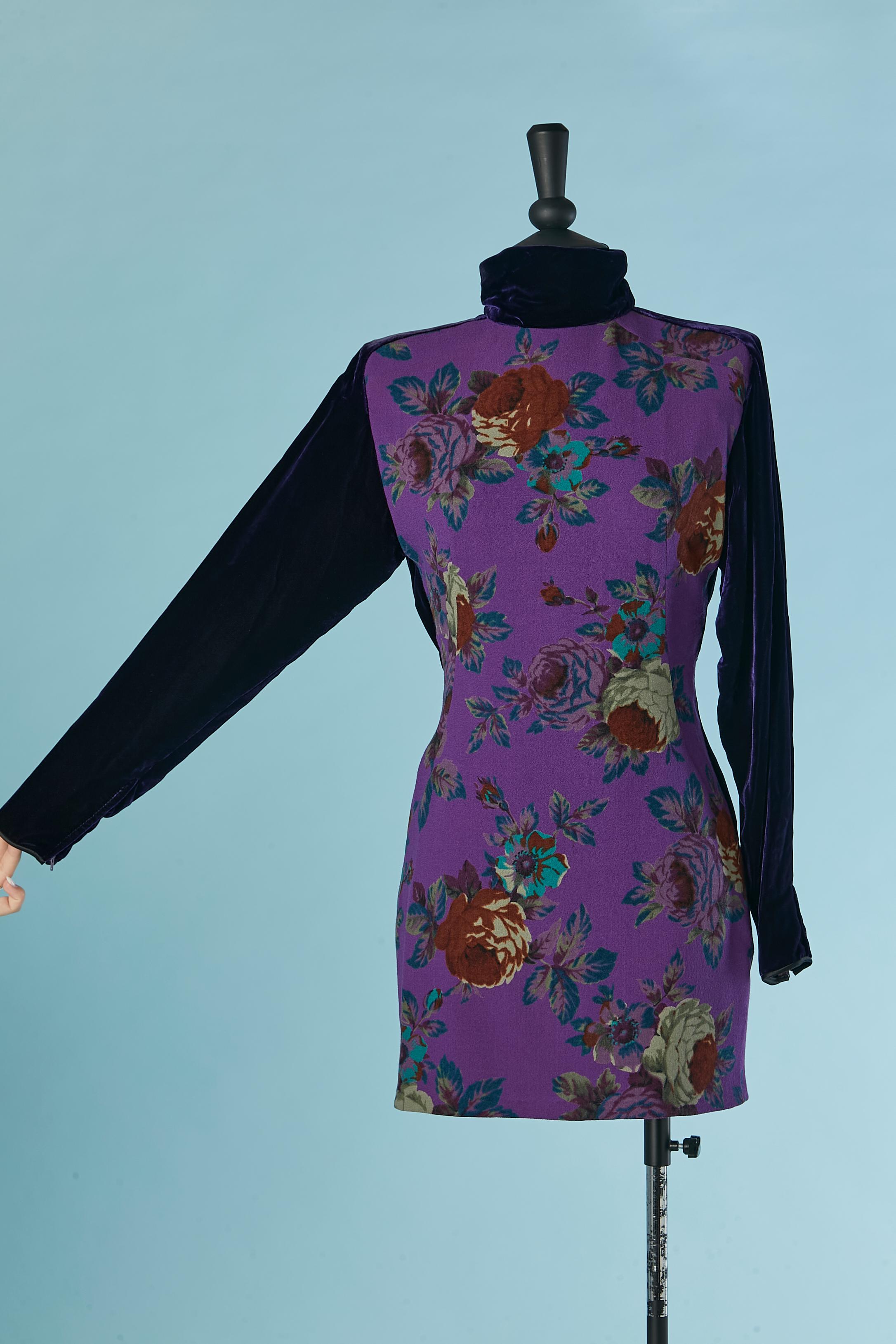 Mini cocktail dress made of printed wool and deep purple velvet. Lining probably rayon. 
Shoulder-pad. Zip closure on the middle back + button and buttonhole behind the neck. The velvet fabric is draped on the back and attached with gold metal heart