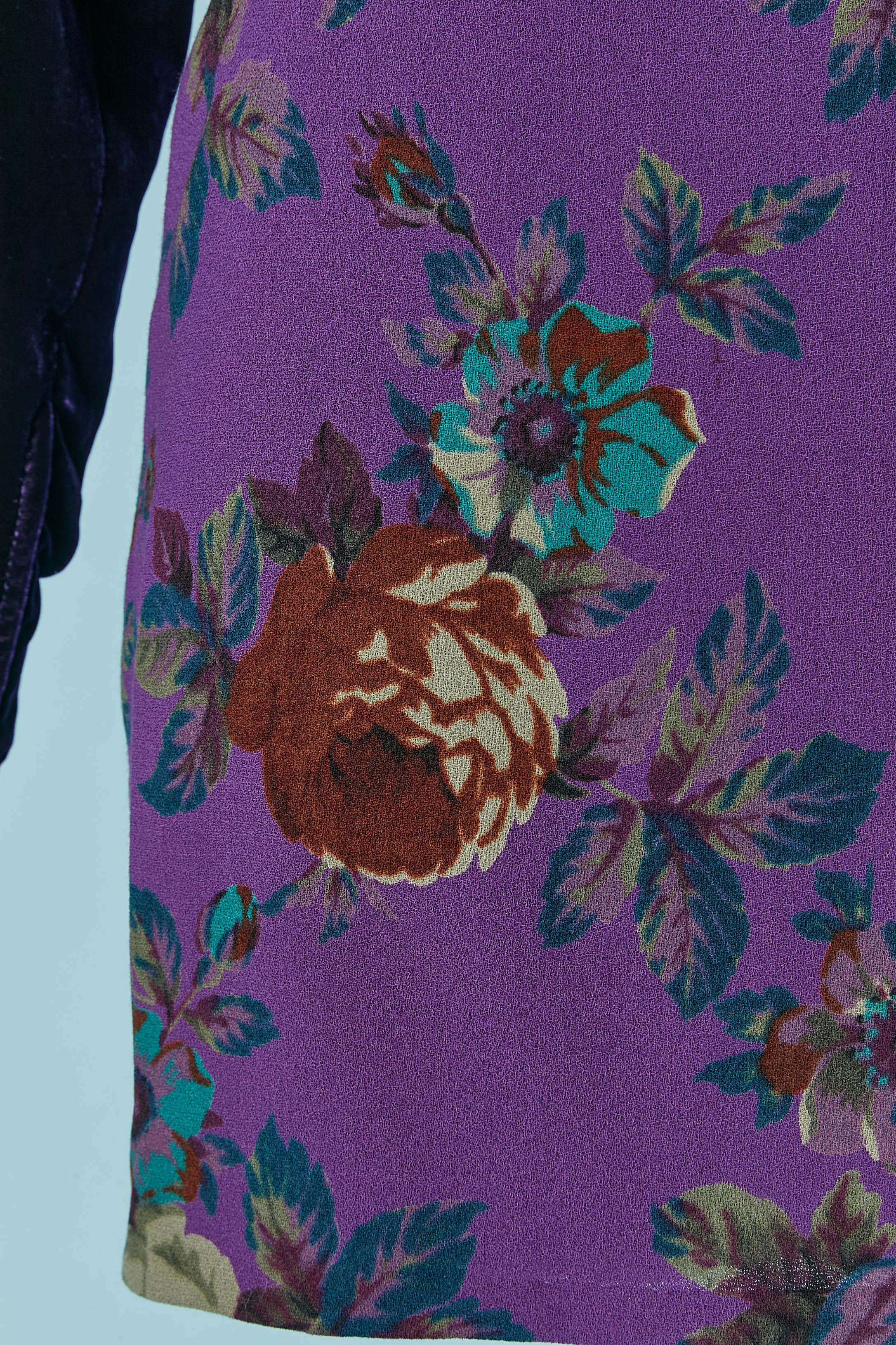 Mini cocktail dress made of printed wool and deep purple velvet UNGARO In Excellent Condition In Saint-Ouen-Sur-Seine, FR