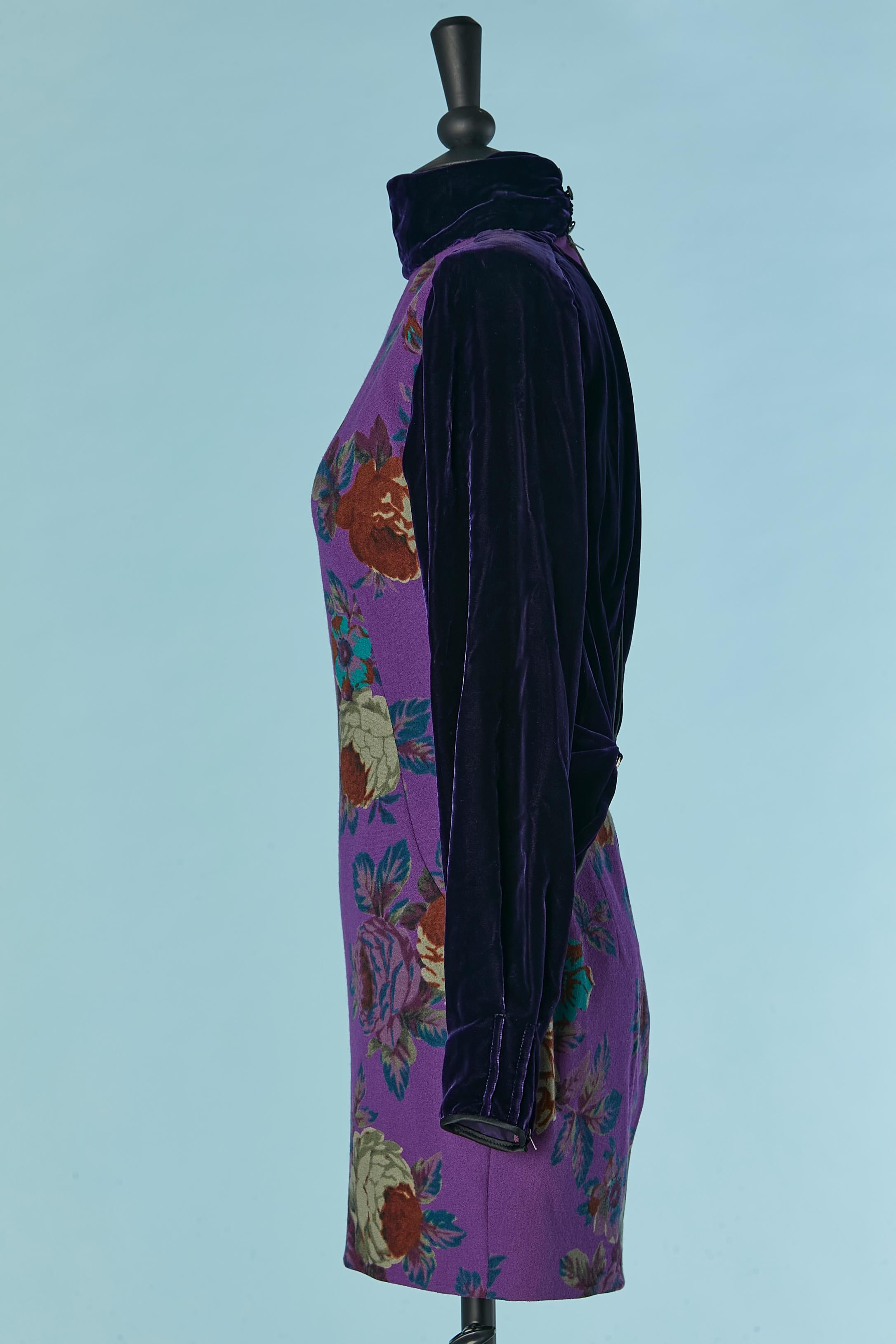 Mini cocktail dress made of printed wool and deep purple velvet UNGARO 1