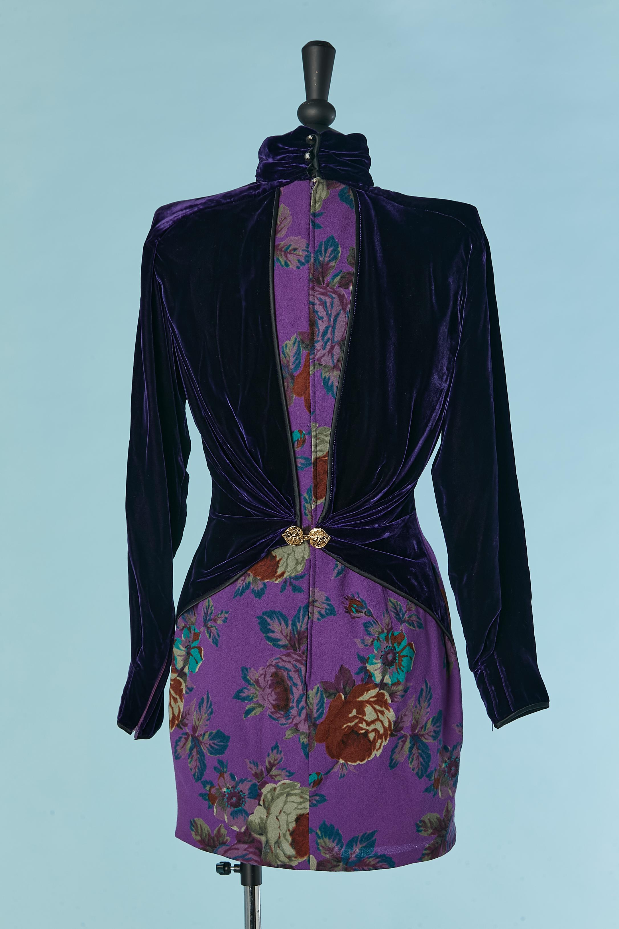Mini cocktail dress made of printed wool and deep purple velvet UNGARO 2