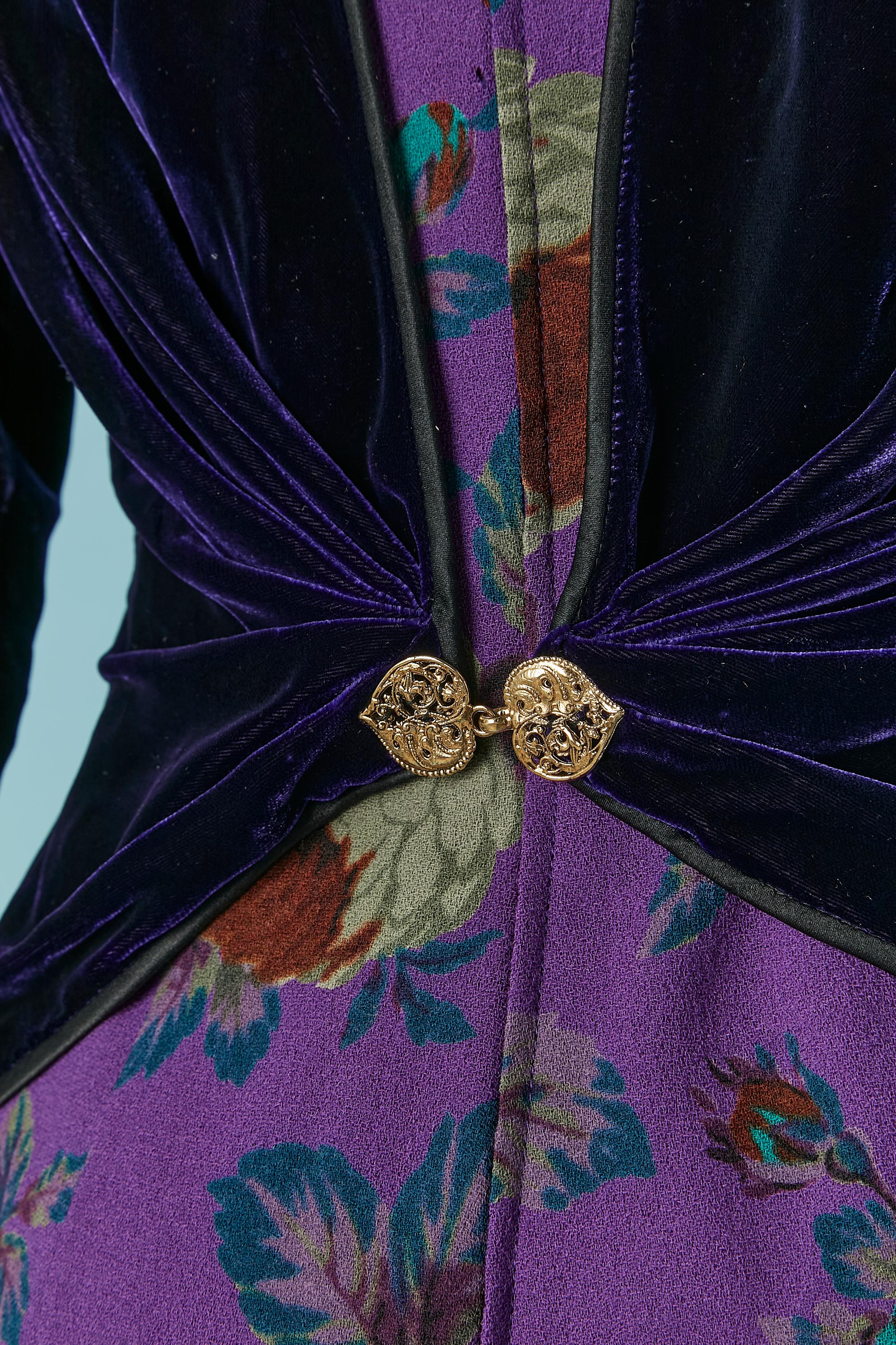 Mini cocktail dress made of printed wool and deep purple velvet UNGARO 3