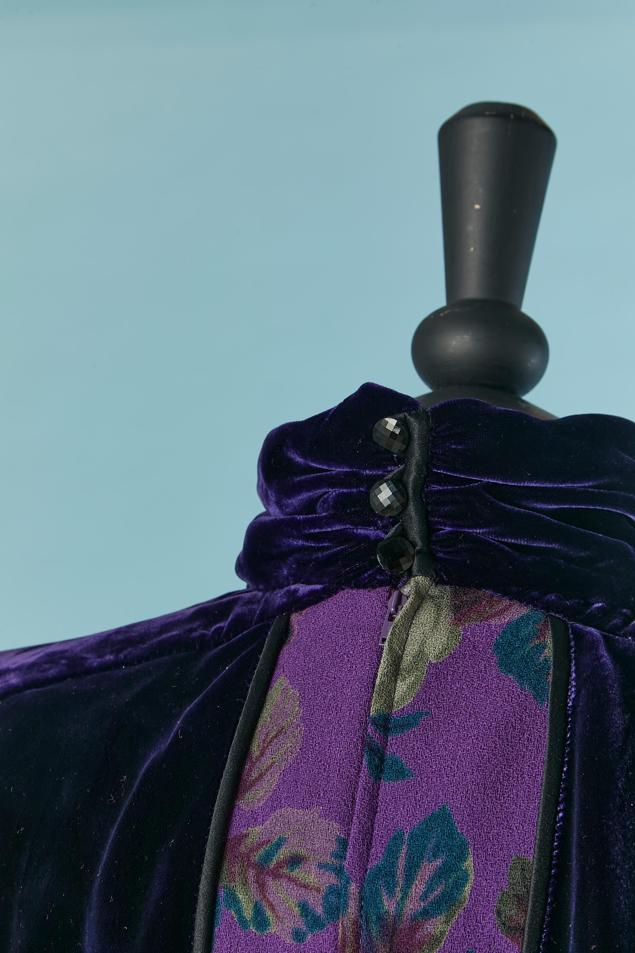 Mini cocktail dress made of printed wool and deep purple velvet UNGARO 4