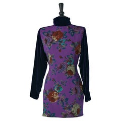 Mini cocktail dress made of printed wool and deep purple velvet UNGARO