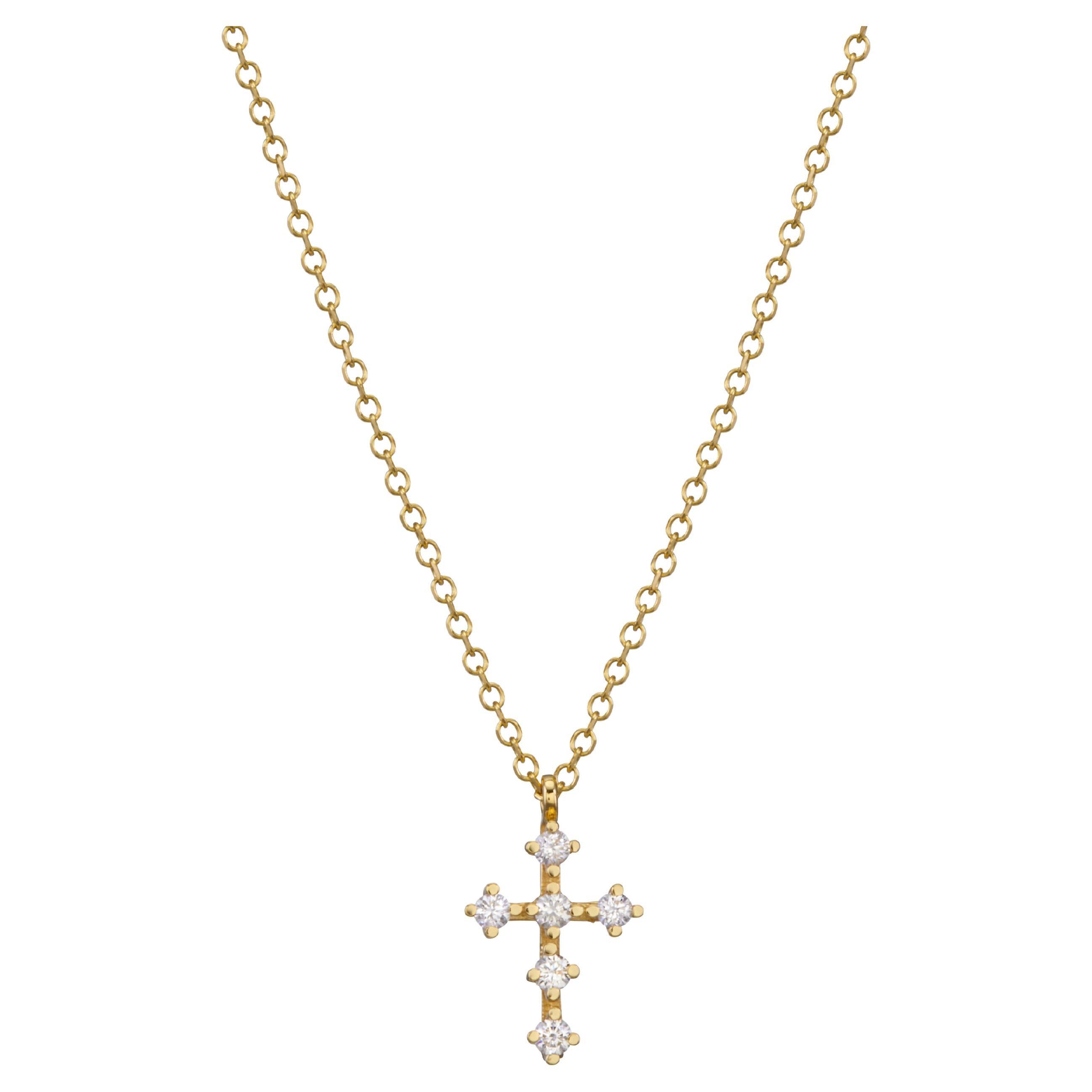 Mini collier pendentif croix en or jaune 18Kt avec diamants Brillant Cut Cadeau en vente