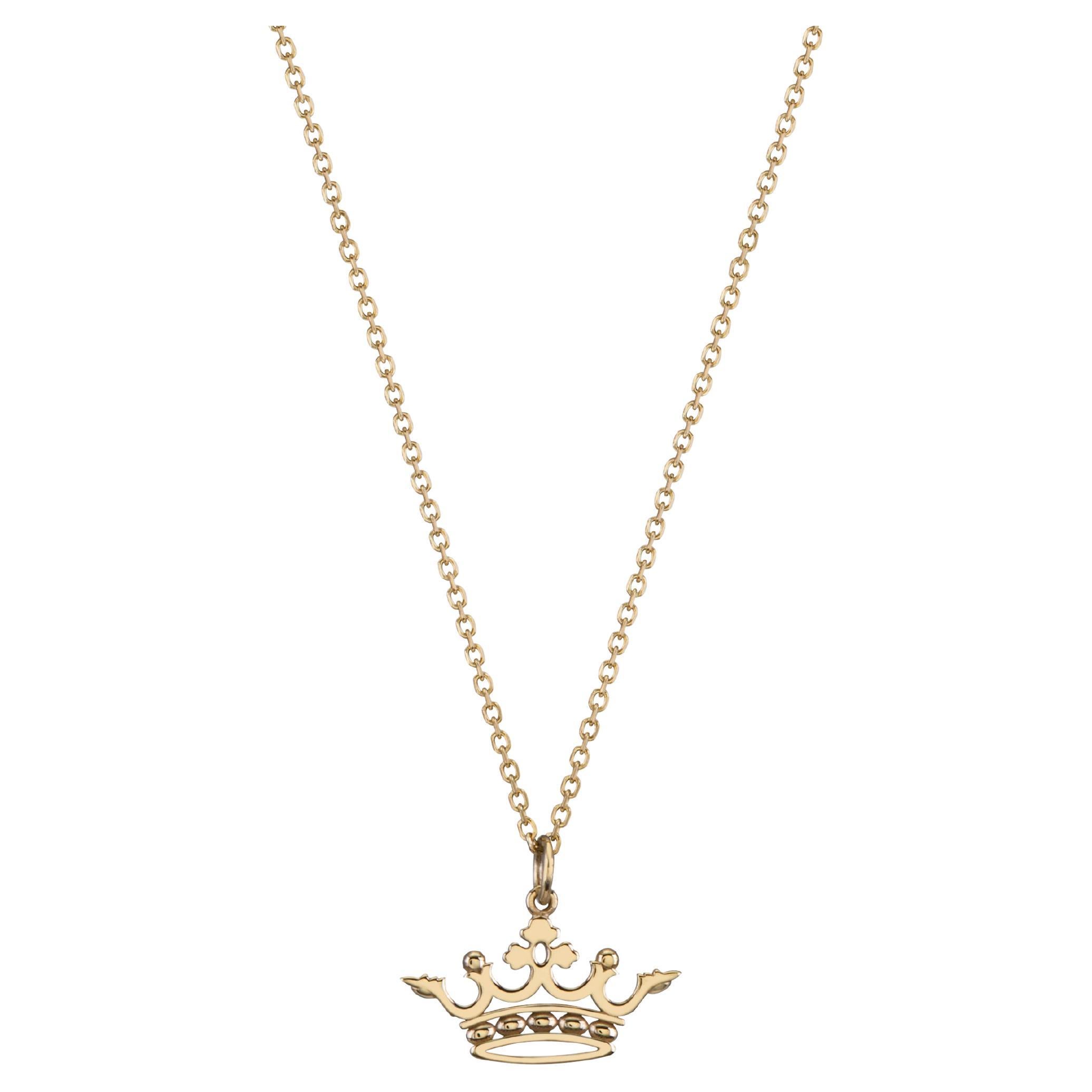 Mini Crown Pendant in 14kt Yellow Gold Conte Type with Rolo Chain For Sale