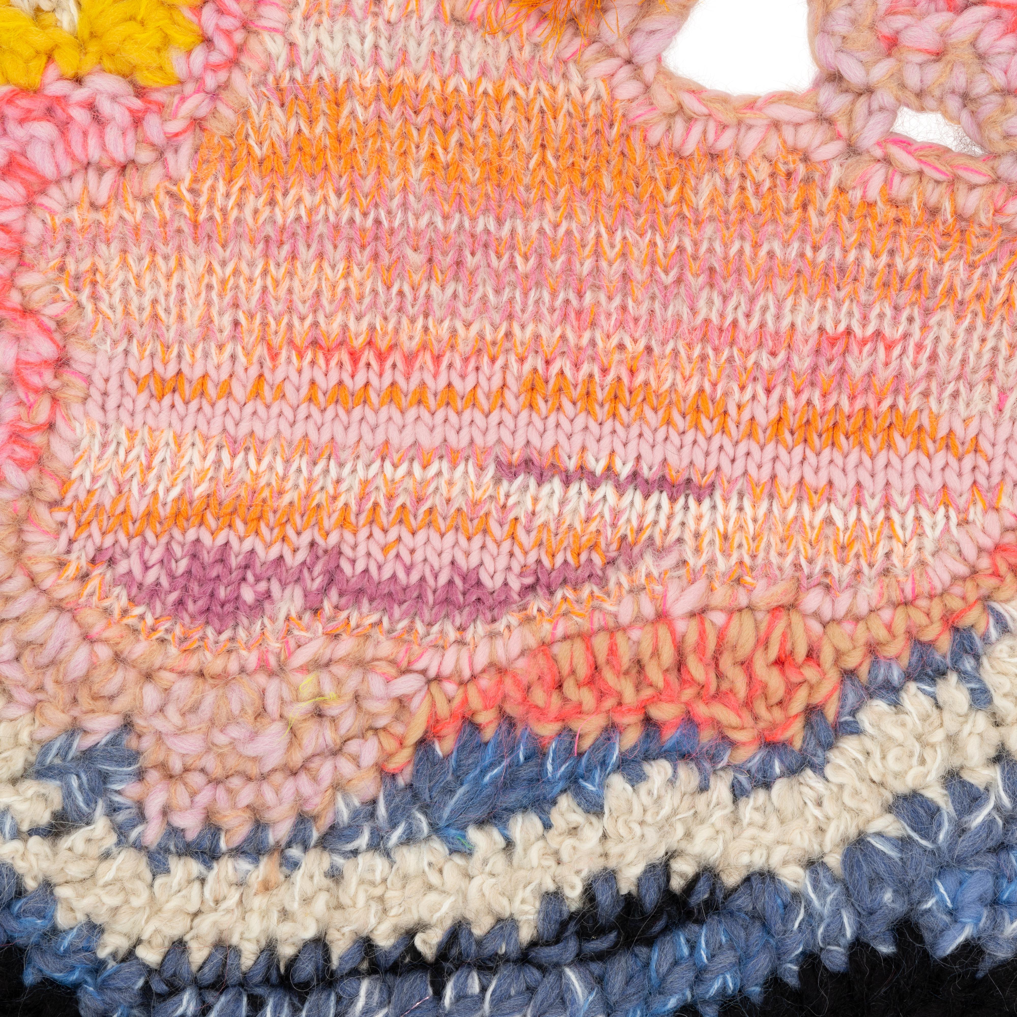 Textile Art, Hand-crafted, Knit and Crochet Art Blanket, Knitted Tapestry, Wall hanging, Affordable Art.
 Small Billow of clouds inspired by the weather in pastel psychedelic colours. Knitted and crocheted pieces are individually created and
