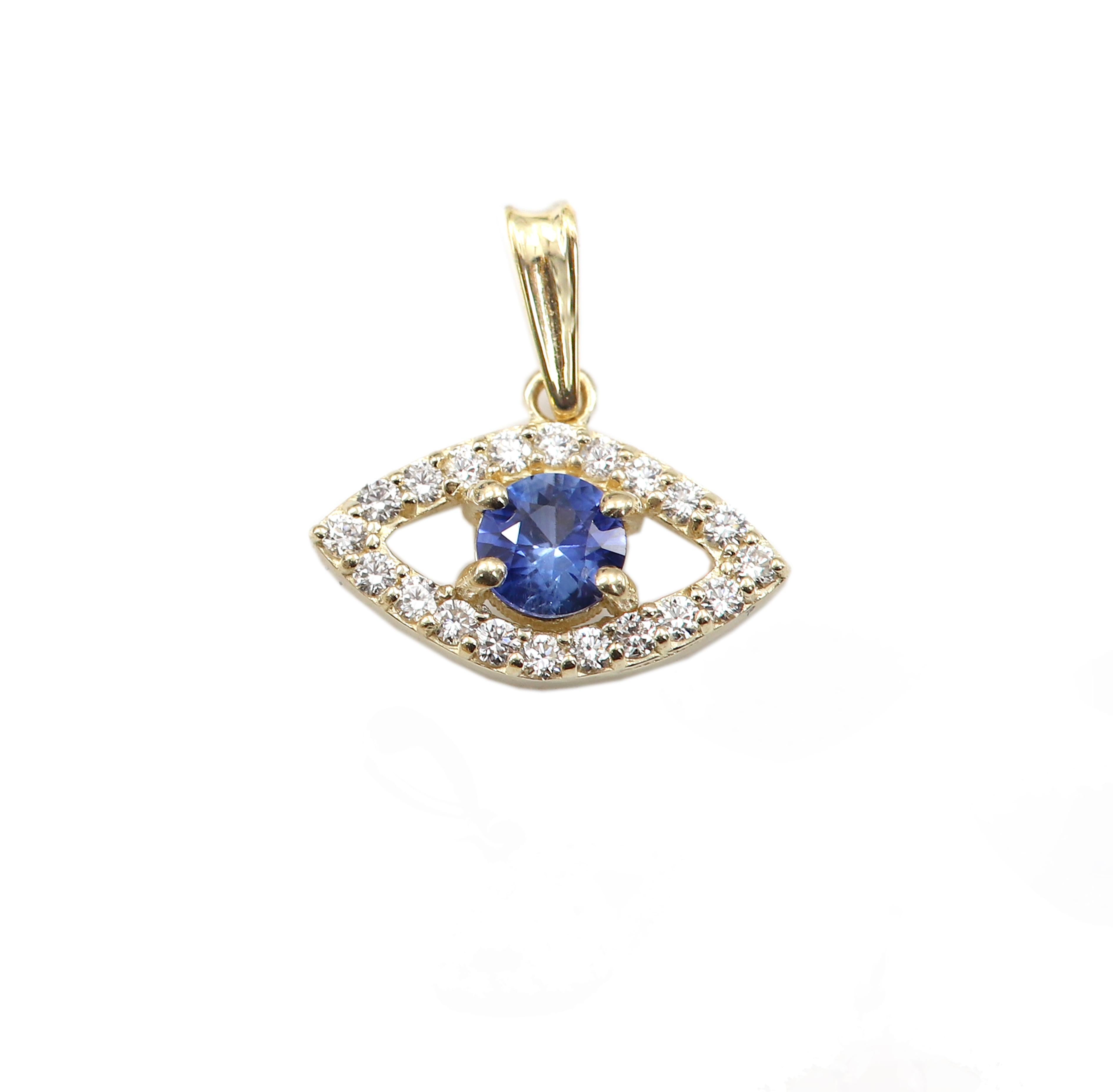 Mini Diamond Evil Eye 14 Karat Yellow Gold with Center Natural Blue Sapphire For Sale 6