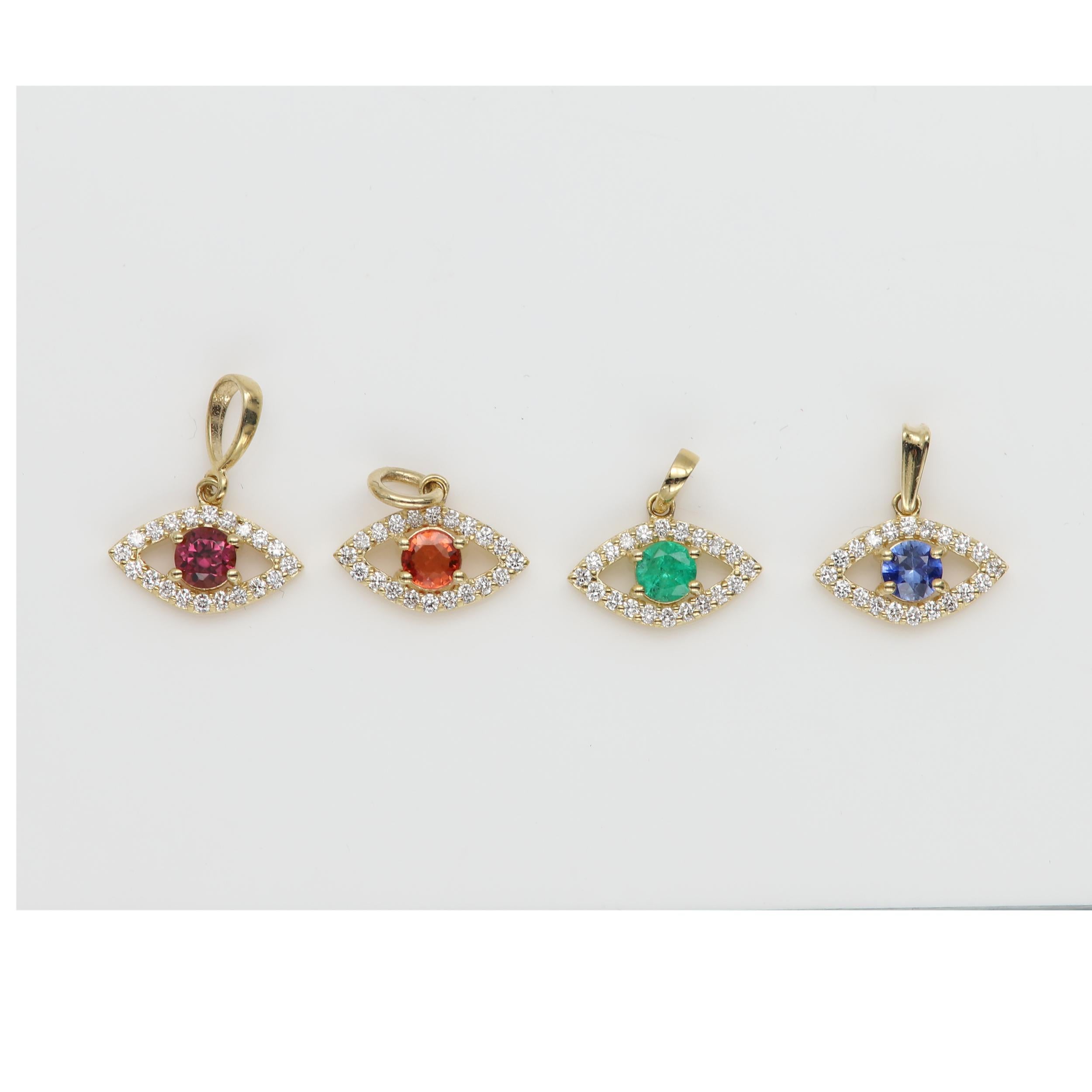 Mini Diamond Evil Eye 14 Karat Yellow Gold with Center Natural Blue Sapphire For Sale 7