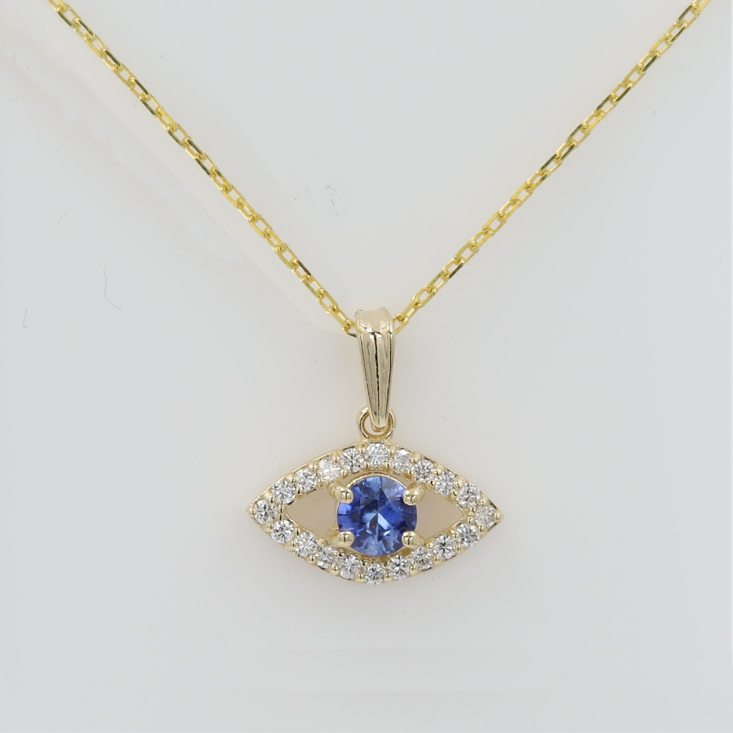 Brilliant Cute Mini Gold Evil Eye Pendant

Natural Diamonds and Blue Sapphire
14k Yellow Gold  0.50 grams (without the chain)
Made with very Shiny quality diamonds G-F-VS approx 0.14 carat.

the small size makes it very cute and trendy.
Center 