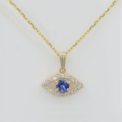 Mini Diamond Evil Eye 14 Karat Yellow Gold with Center Natural Blue Sapphire