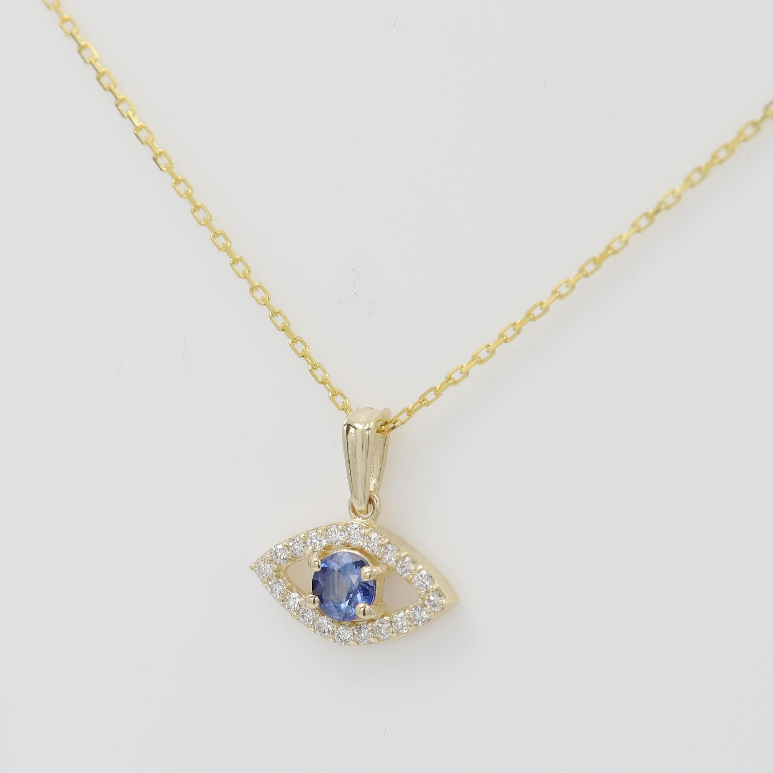 Round Cut Mini Diamond Evil Eye 14 Karat Yellow Gold with Center Natural Blue Sapphire For Sale